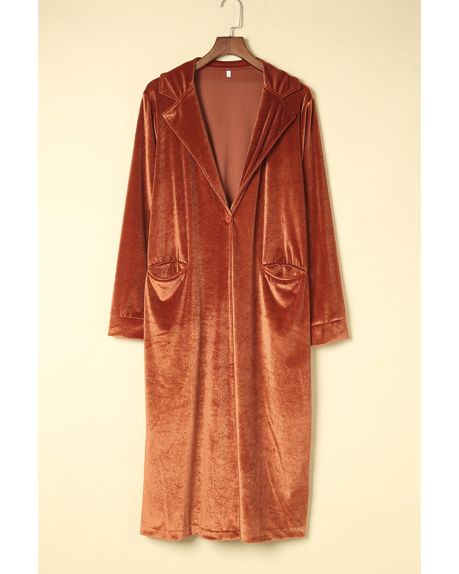 Brown Retro Velvet Long Sleeve Pocket Coat - S 5