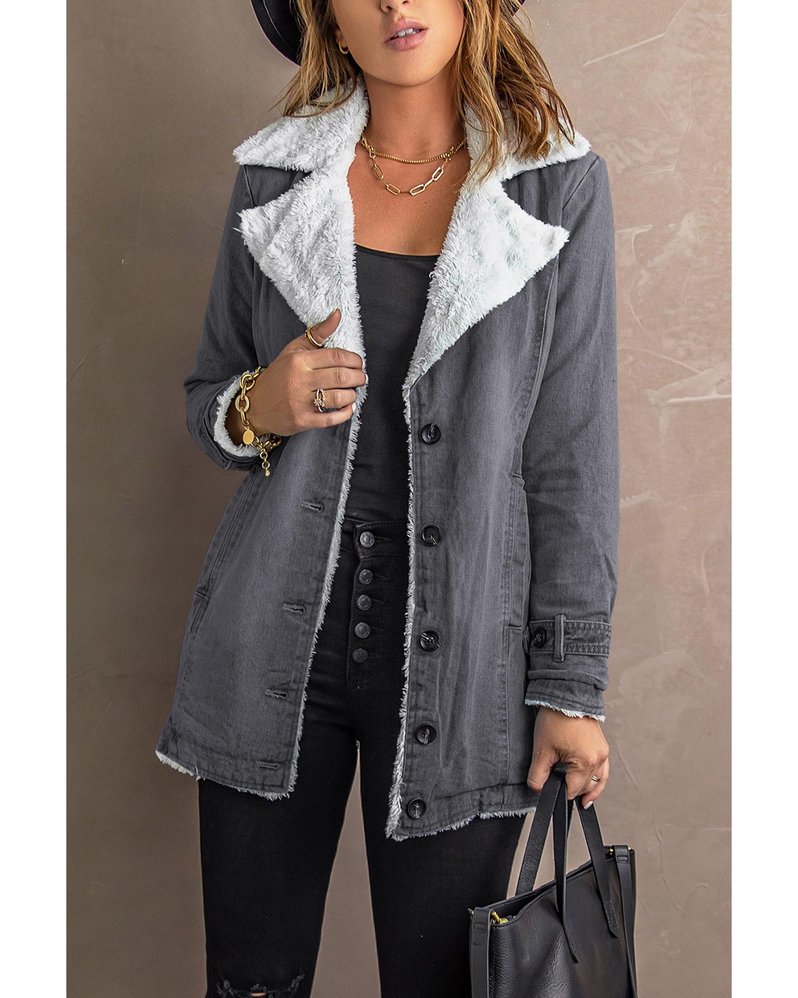 Gray Lapel Collar Button Fleece Jacket - 2XL