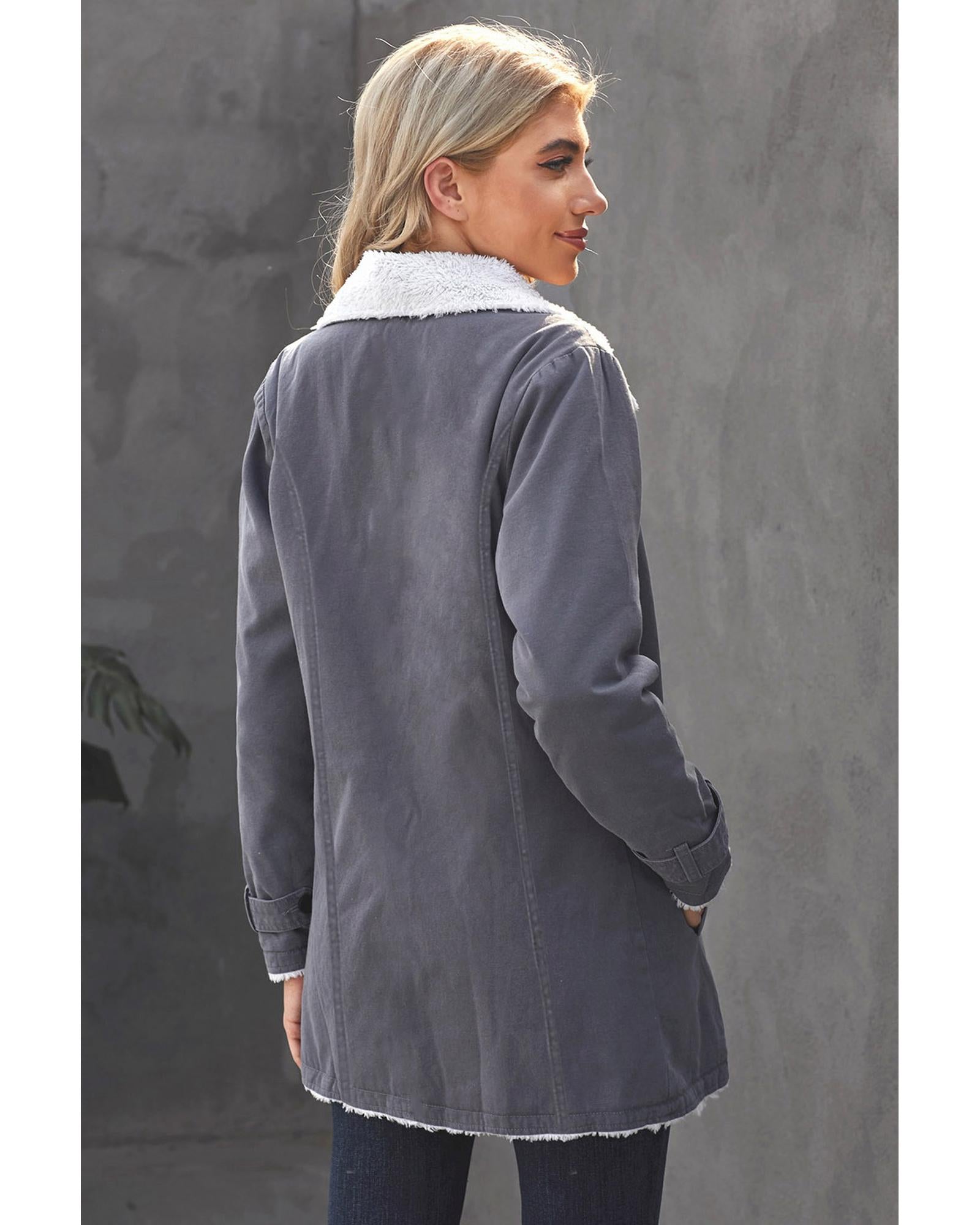 Gray Lapel Collar Button Fleece Jacket - 2XL 4