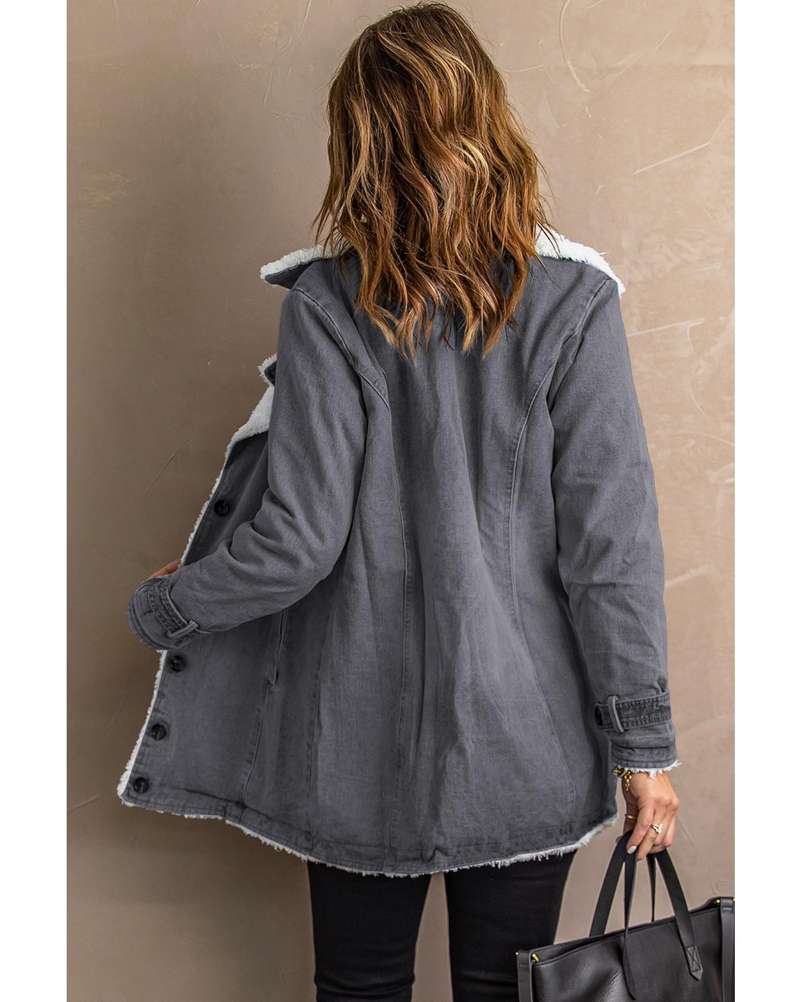 Gray Lapel Collar Button Fleece Jacket - M
