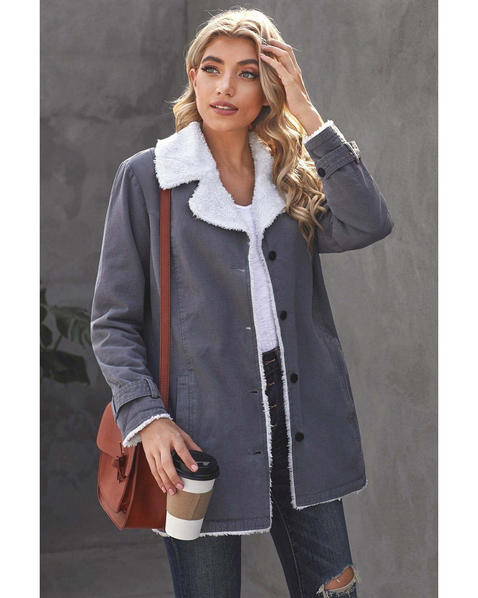 Gray Lapel Collar Button Fleece Jacket - S