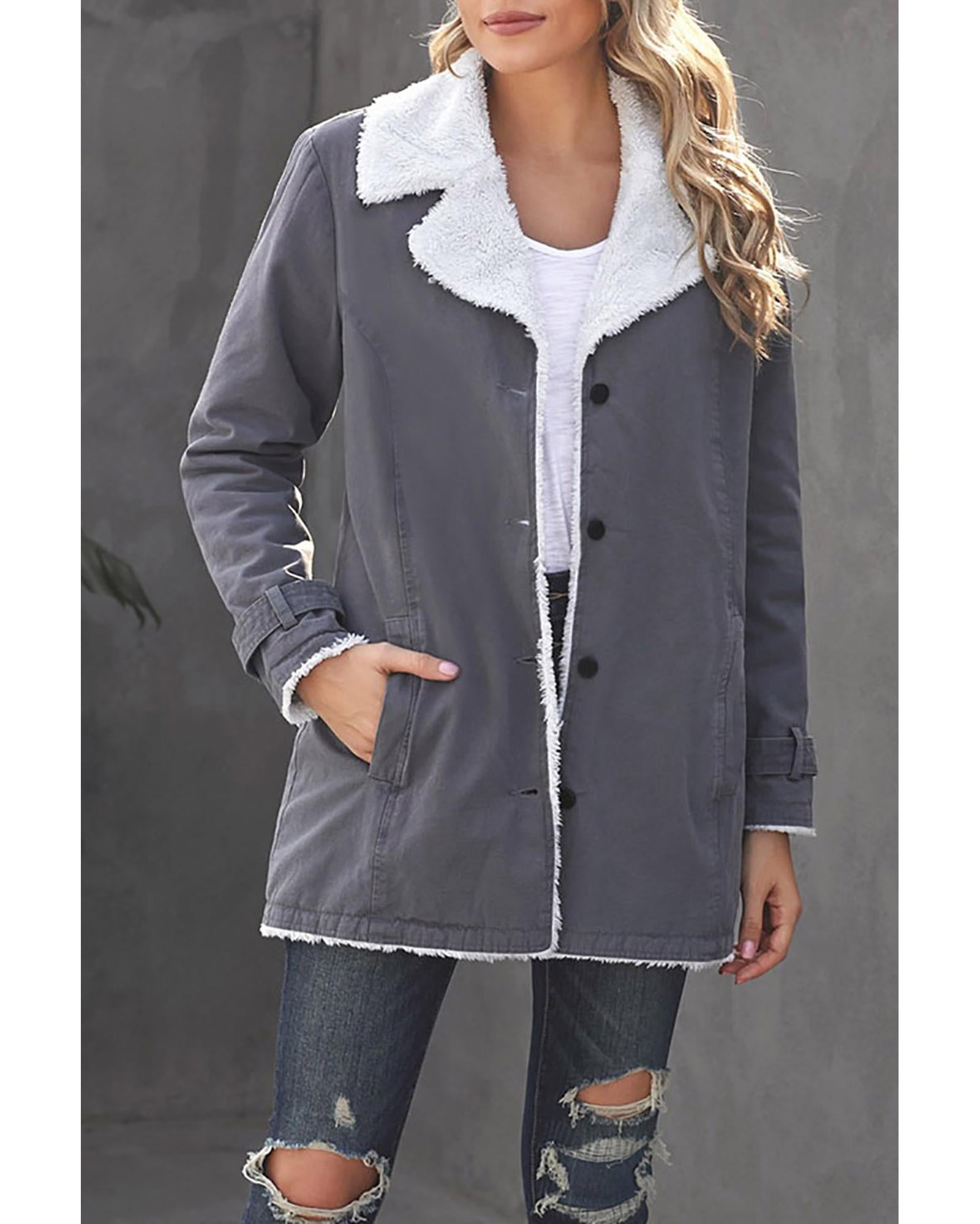 Gray Lapel Collar Button Fleece Jacket - S 4