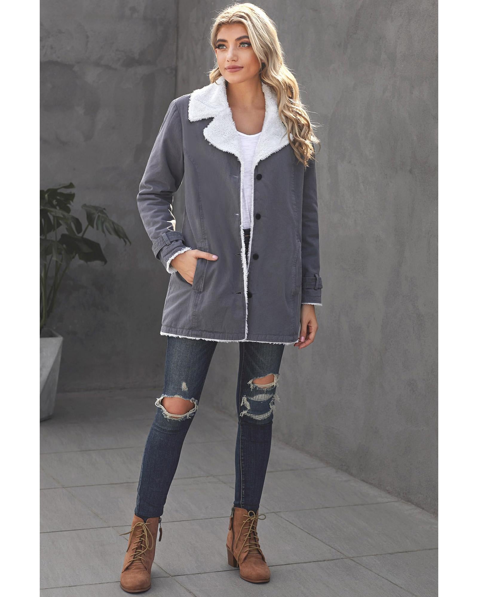 Gray Lapel Collar Button Fleece Jacket - XL 3