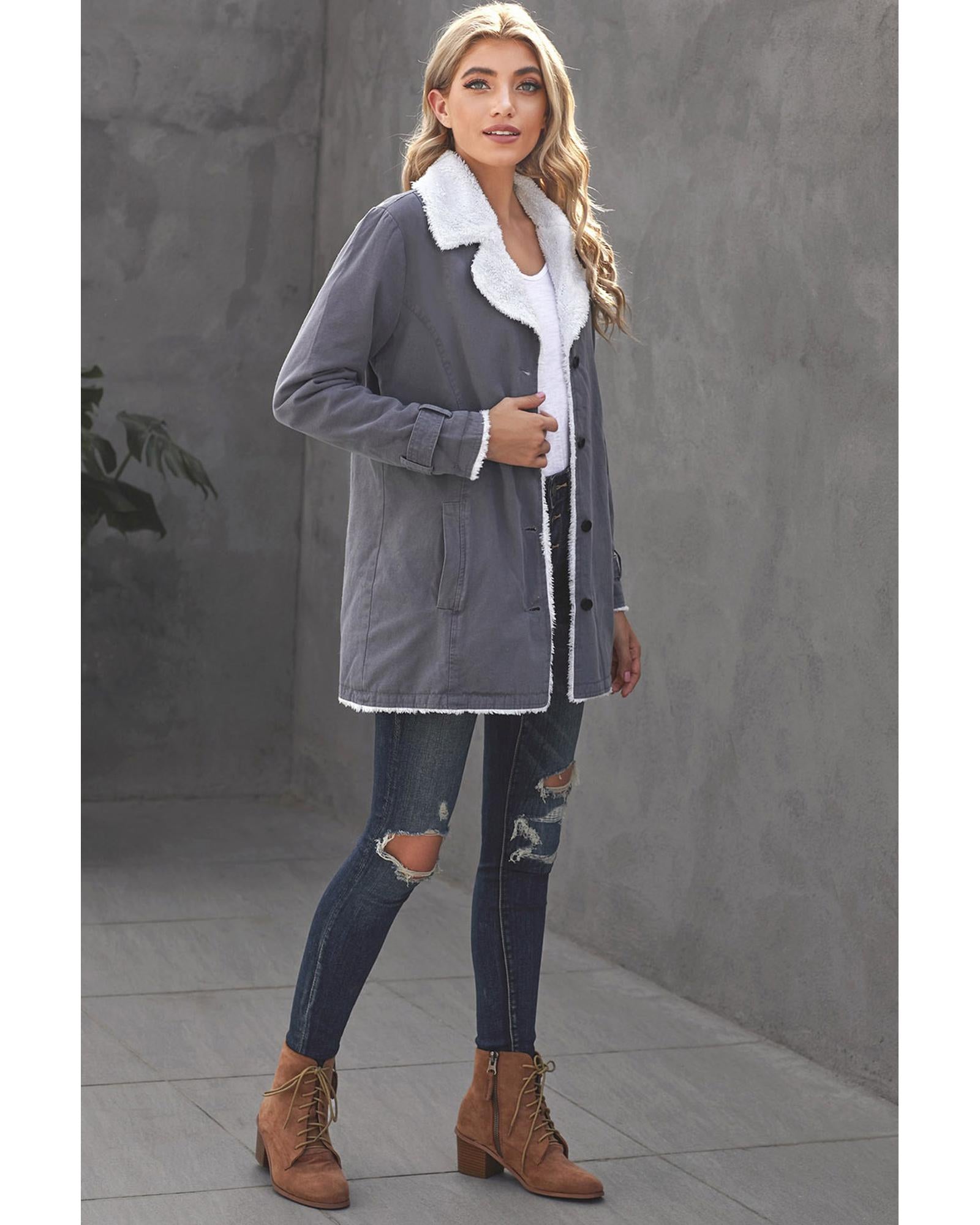 Gray Lapel Collar Button Fleece Jacket - XL 7