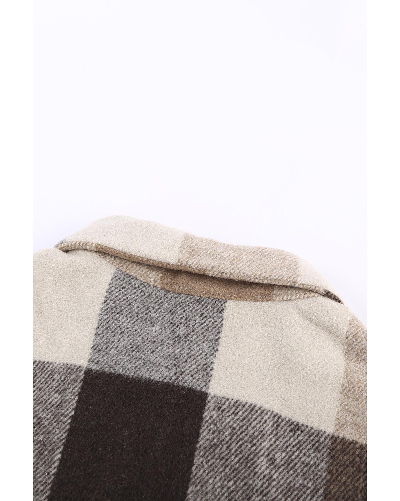 Khaki Plaid Color Block Buttoned Long Sleeve Jacket with Pocket - 2XL 5