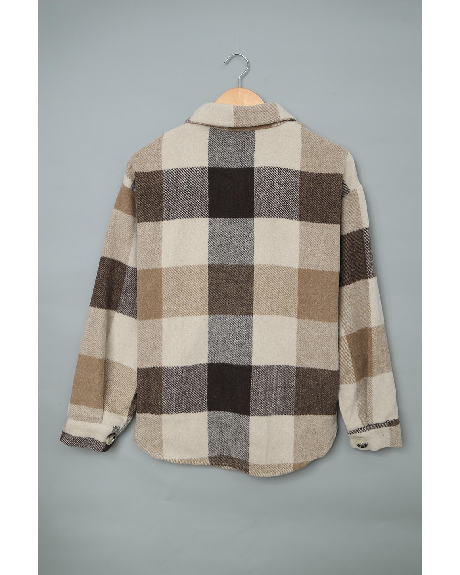 Khaki Plaid Color Block Buttoned Long Sleeve Jacket with Pocket - 2XL 6