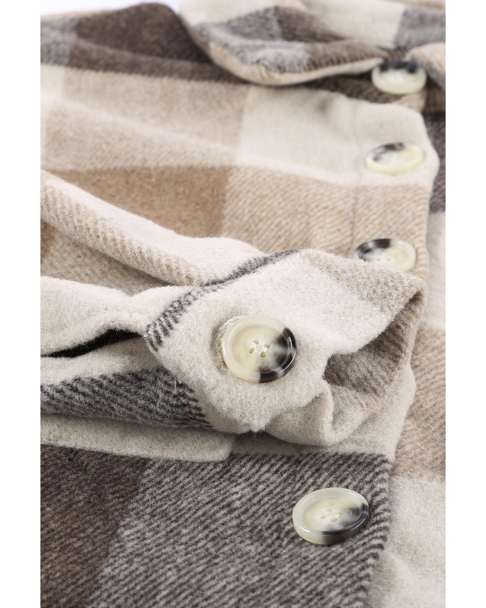 Khaki Plaid Color Block Buttoned Long Sleeve Jacket with Pocket - M