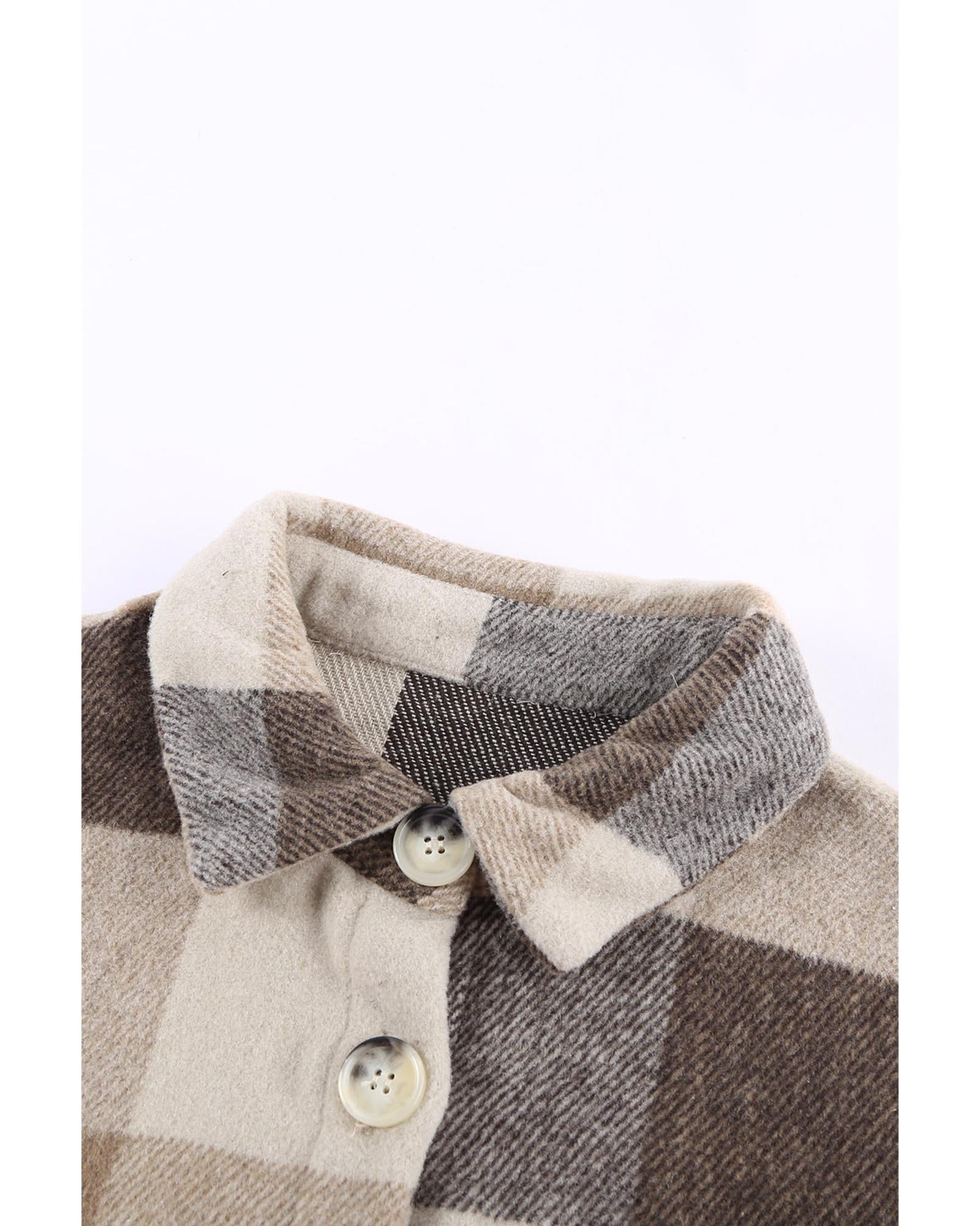 Khaki Plaid Color Block Buttoned Long Sleeve Jacket with Pocket - XL 4