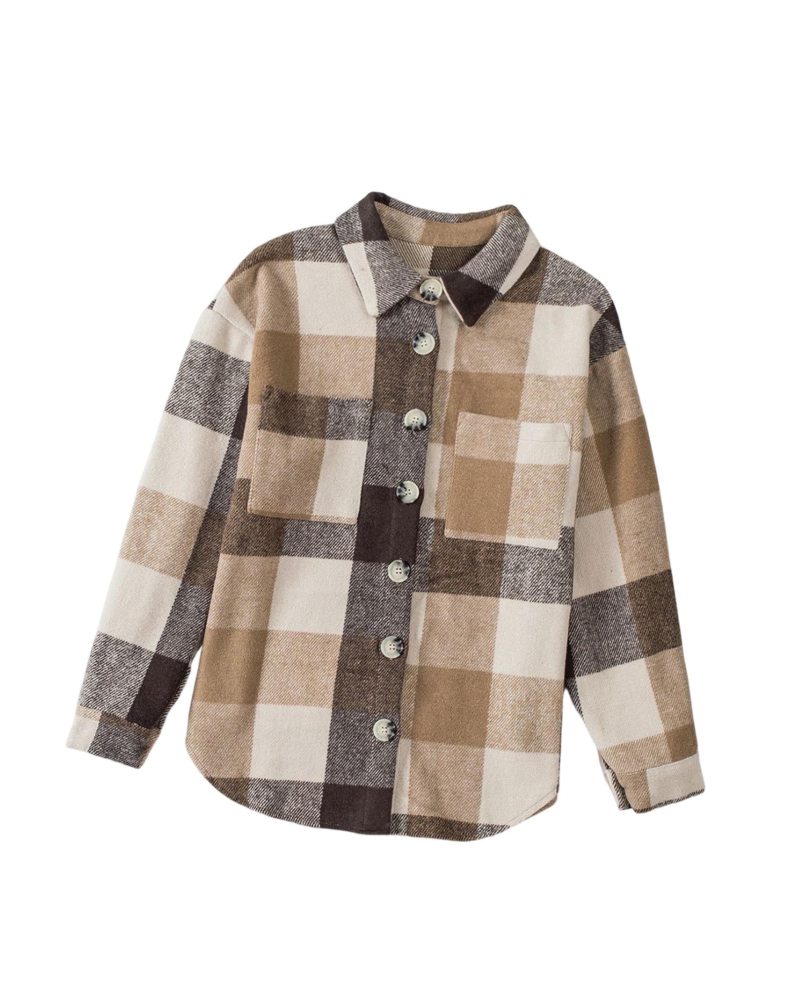 Khaki Plaid Color Block Buttoned Long Sleeve Jacket with Pocket - XL 5