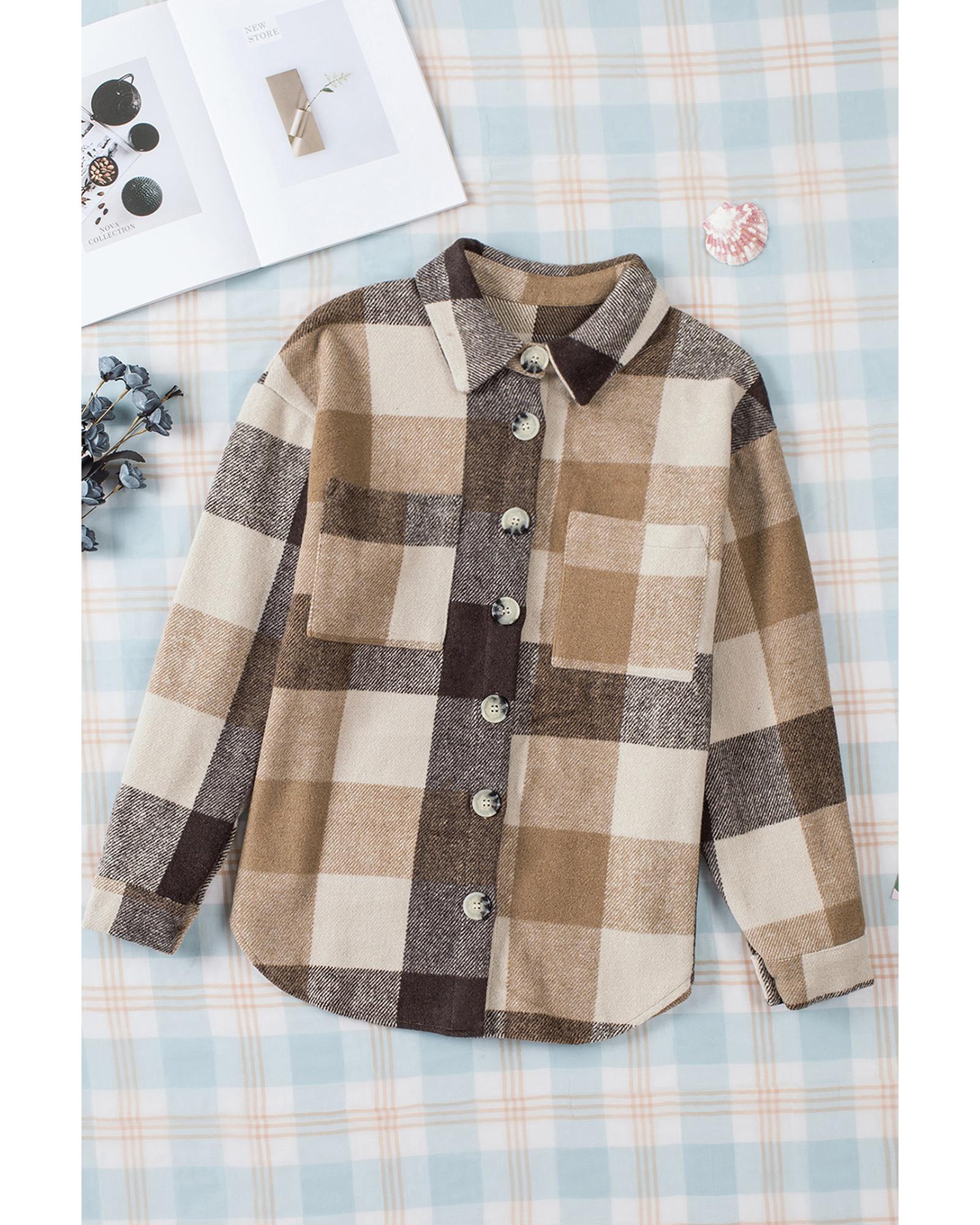 Khaki Plaid Color Block Buttoned Long Sleeve Jacket with Pocket - XL 8