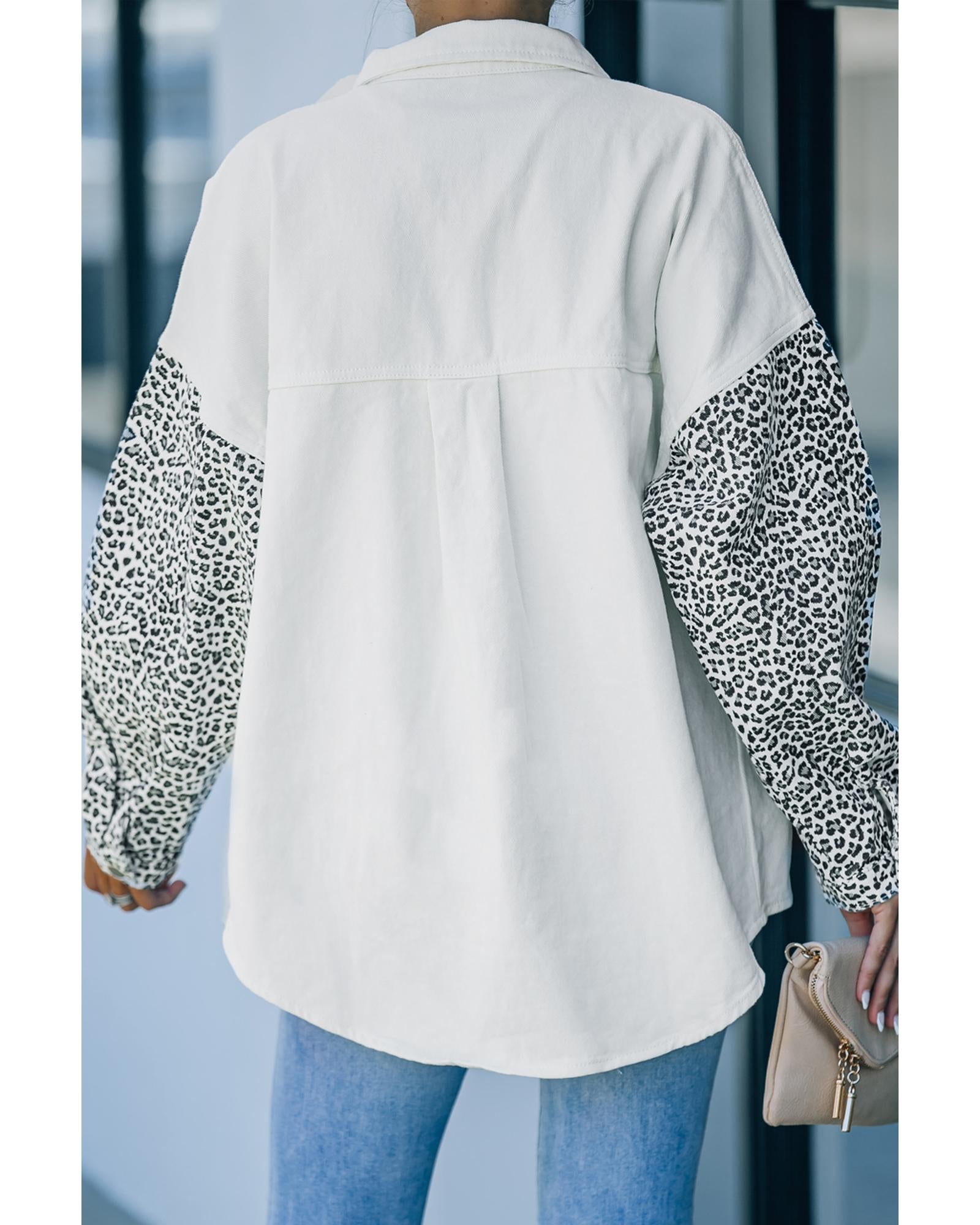 White Contrast Leopard Denim Jacket - M 4