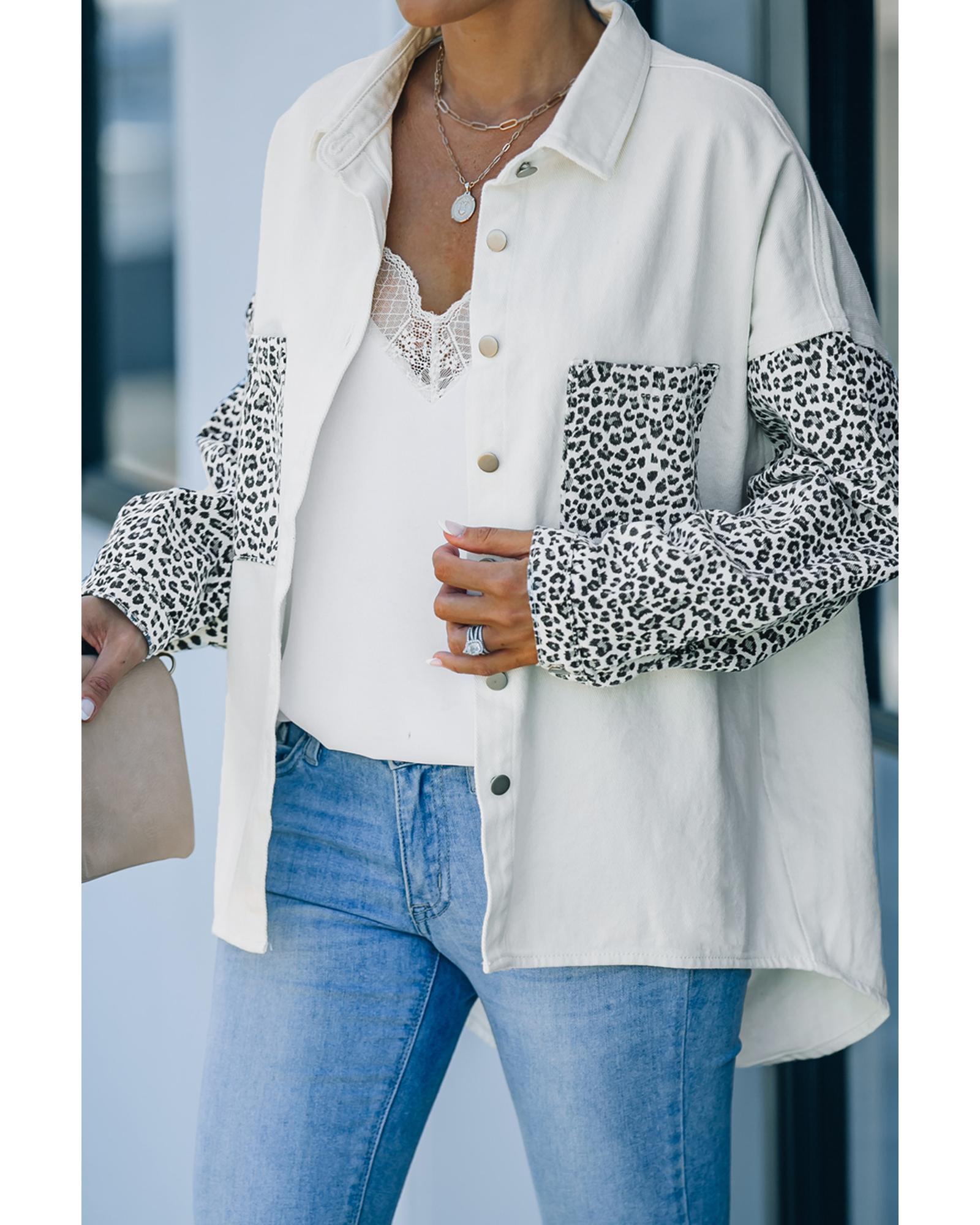 White Contrast Leopard Denim Jacket - M 6