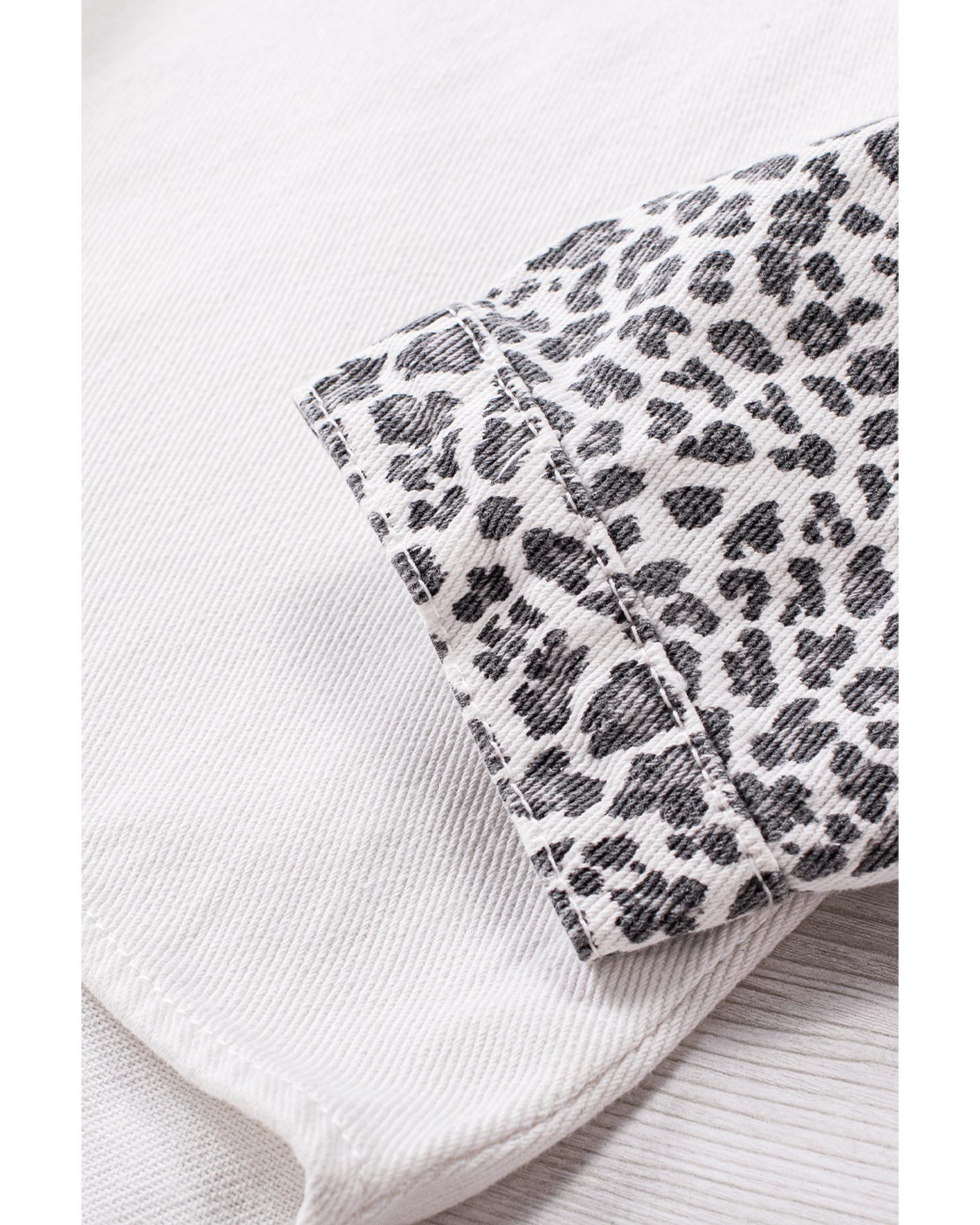White Contrast Leopard Denim Jacket - S