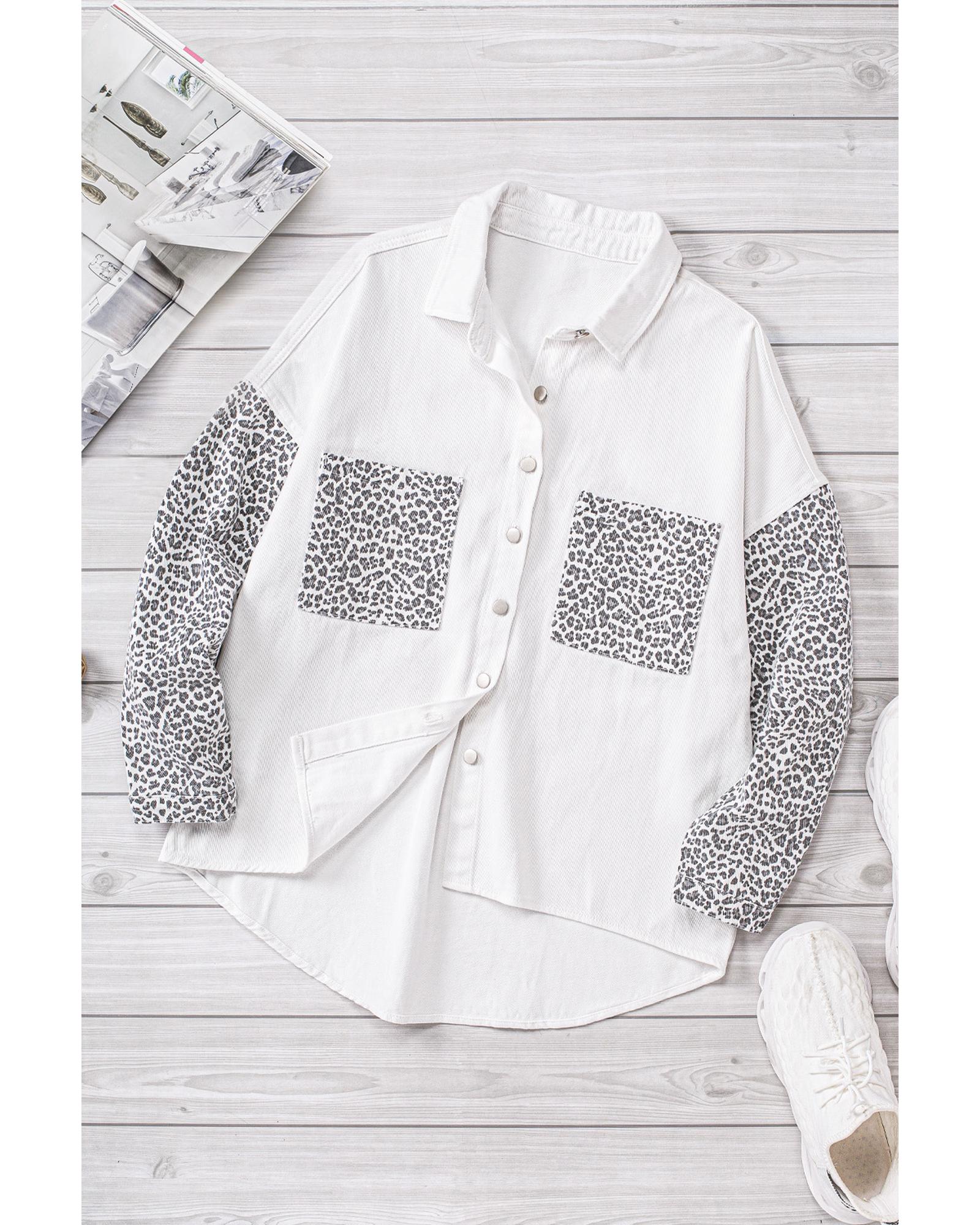 White Contrast Leopard Denim Jacket - S 8