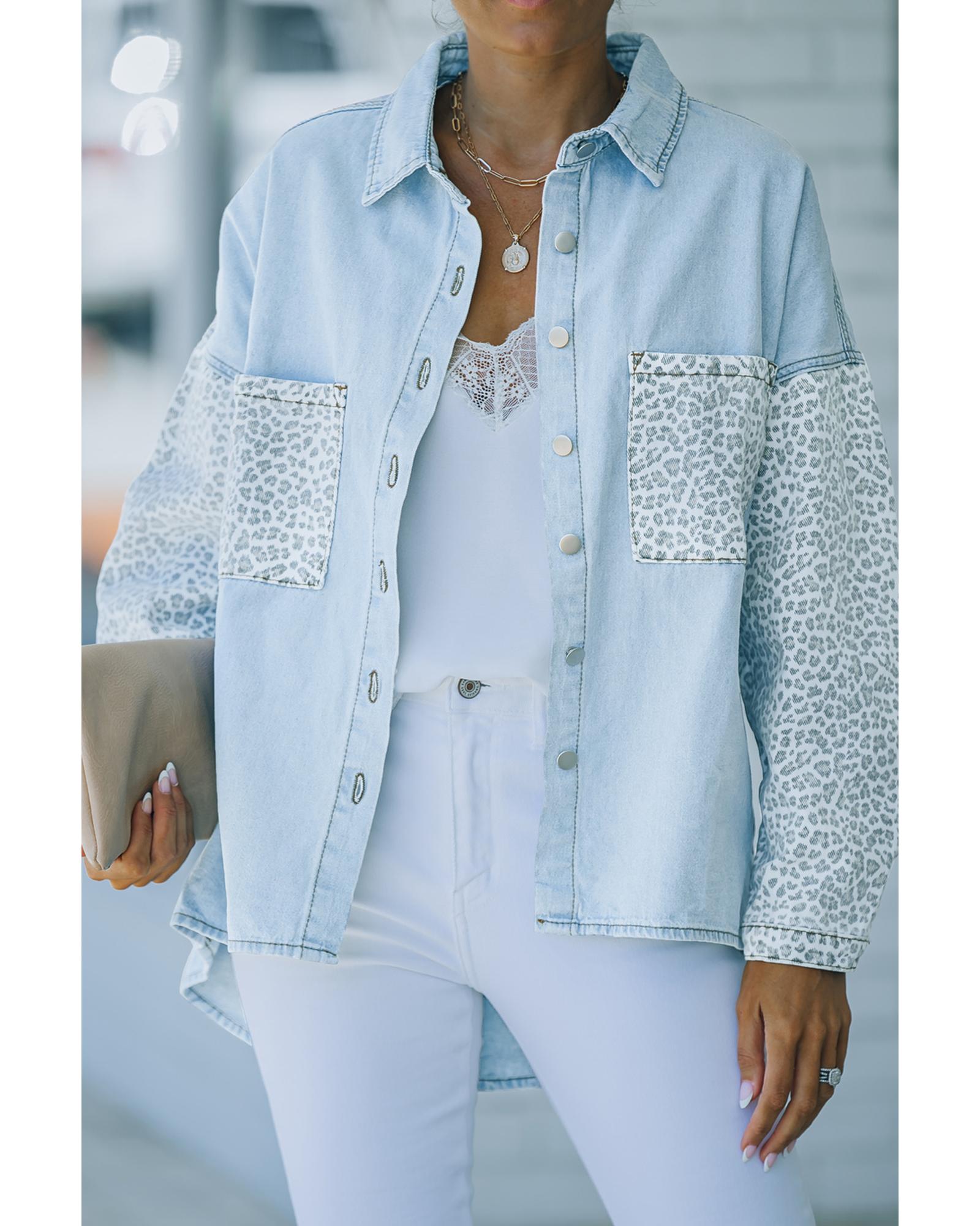 Sky Blue Contrast Leopard Denim Jacket - L