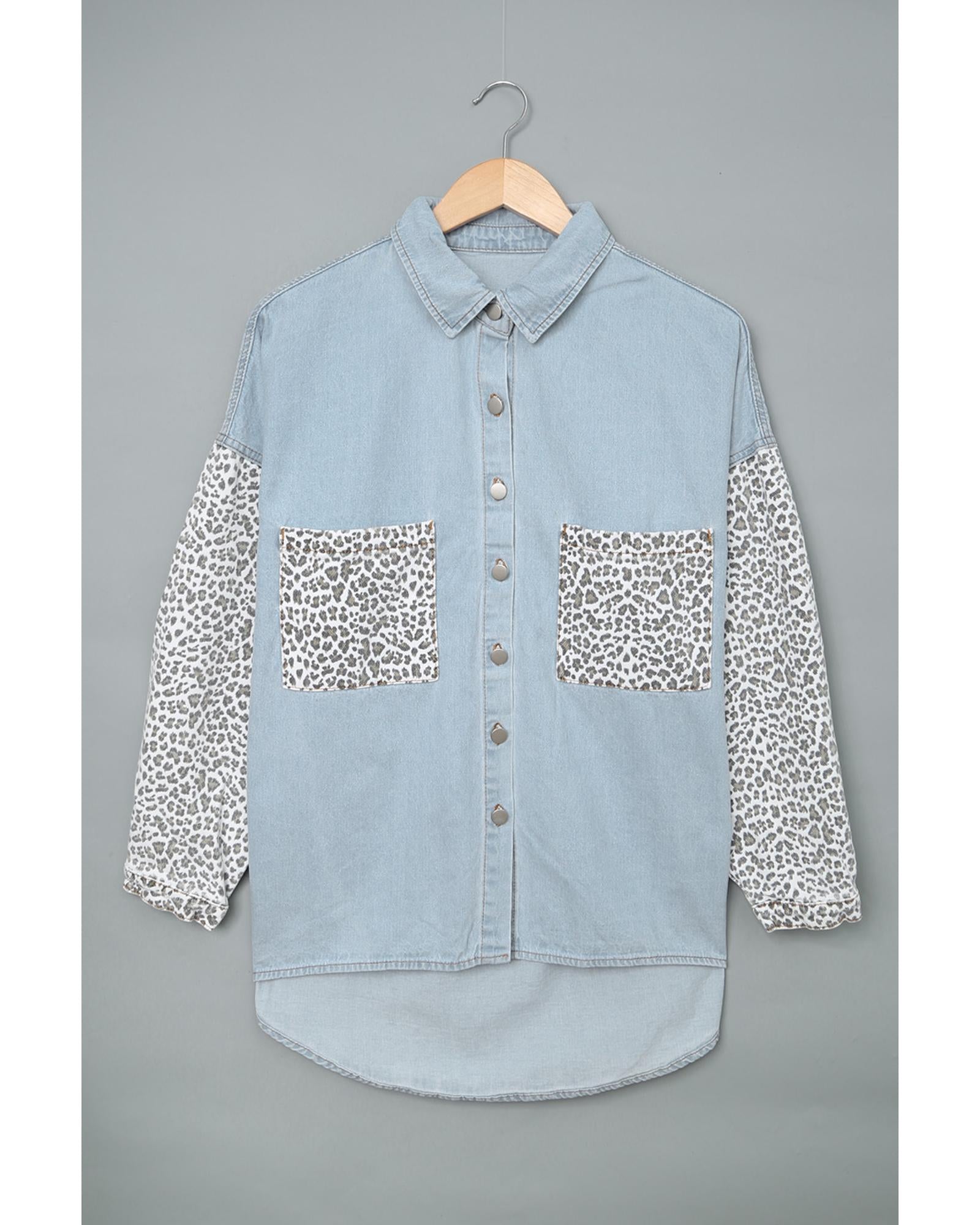 Sky Blue Contrast Leopard Denim Jacket - L 7