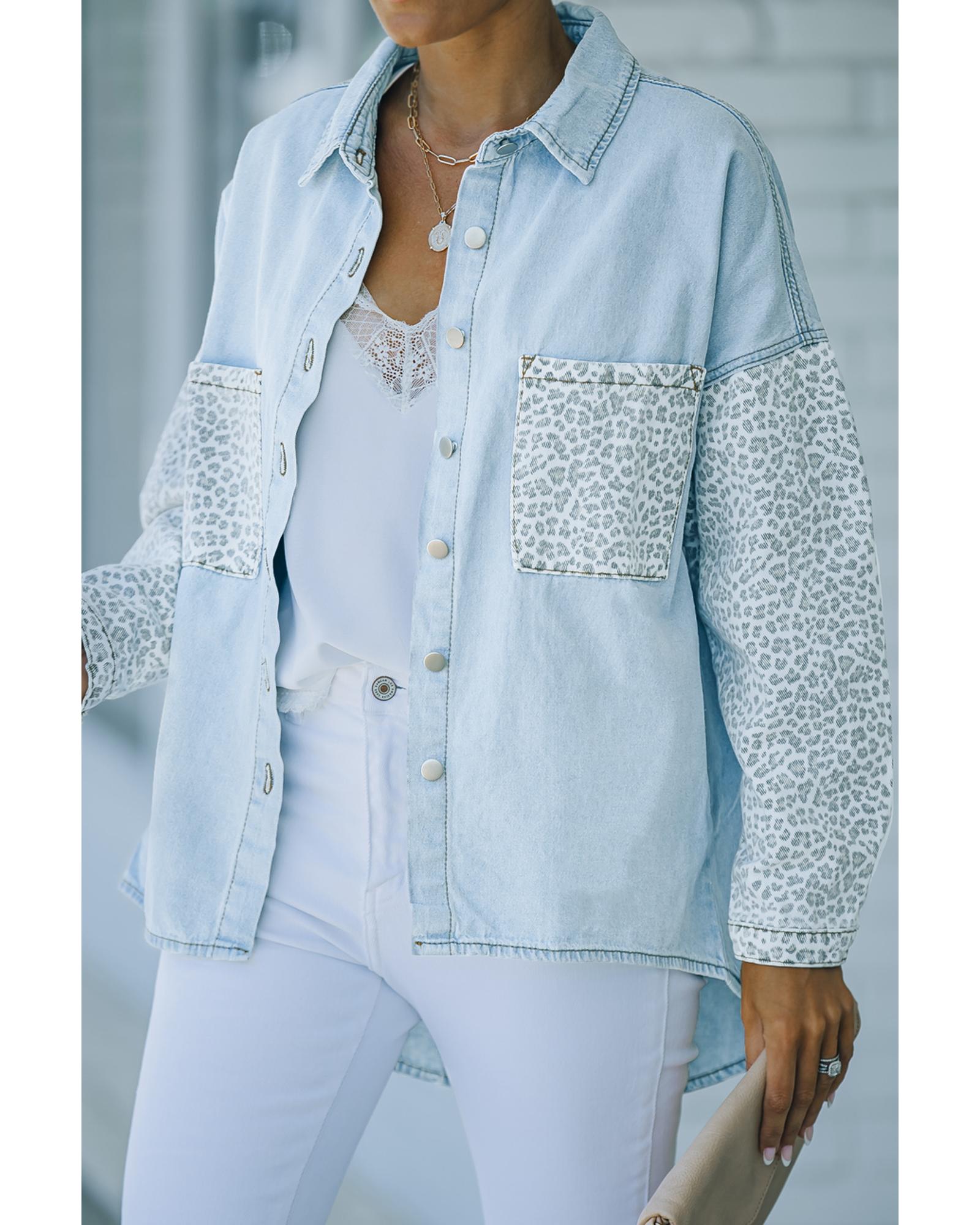 Sky Blue Contrast Leopard Denim Jacket - L 8