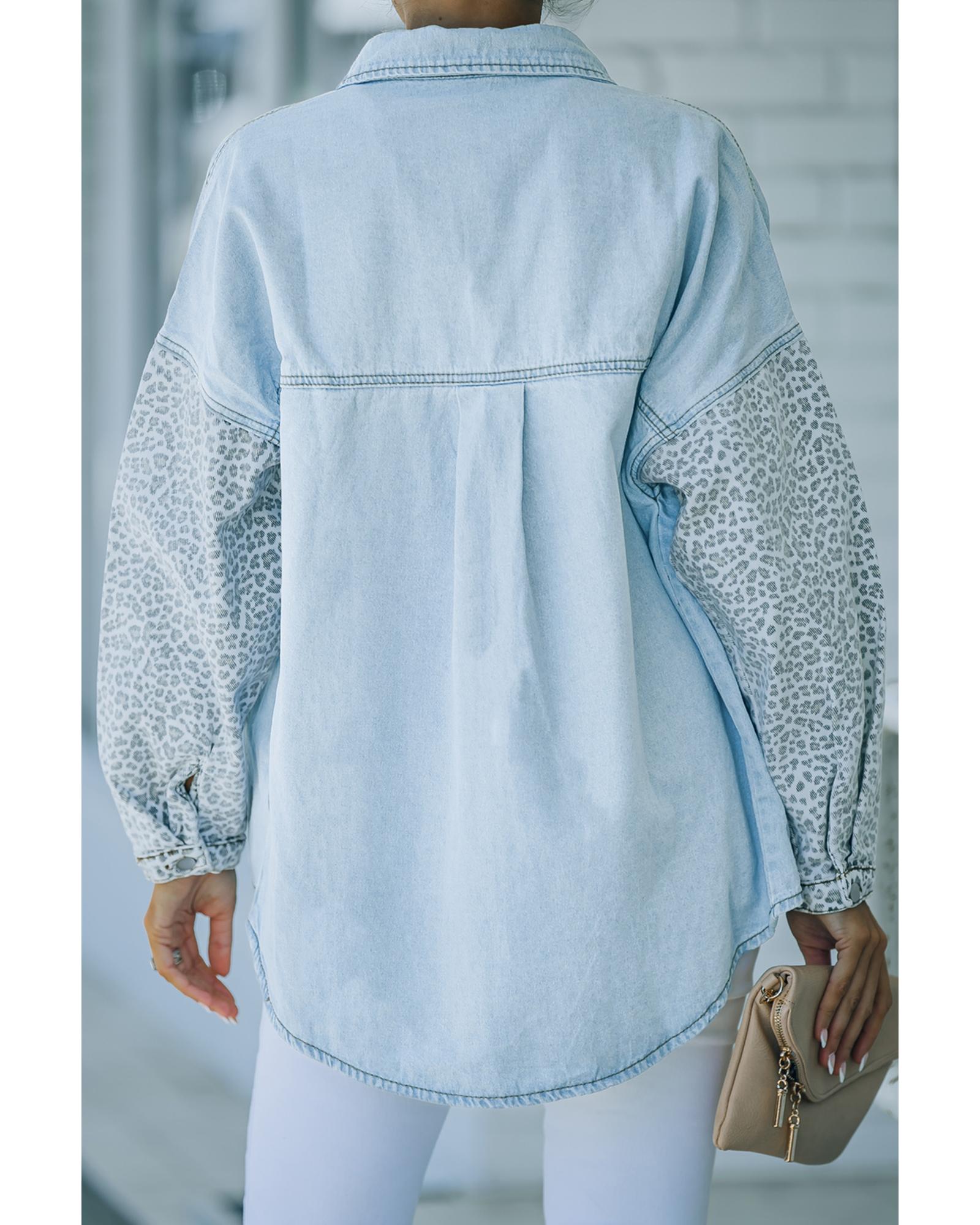 Sky Blue Contrast Leopard Denim Jacket - S