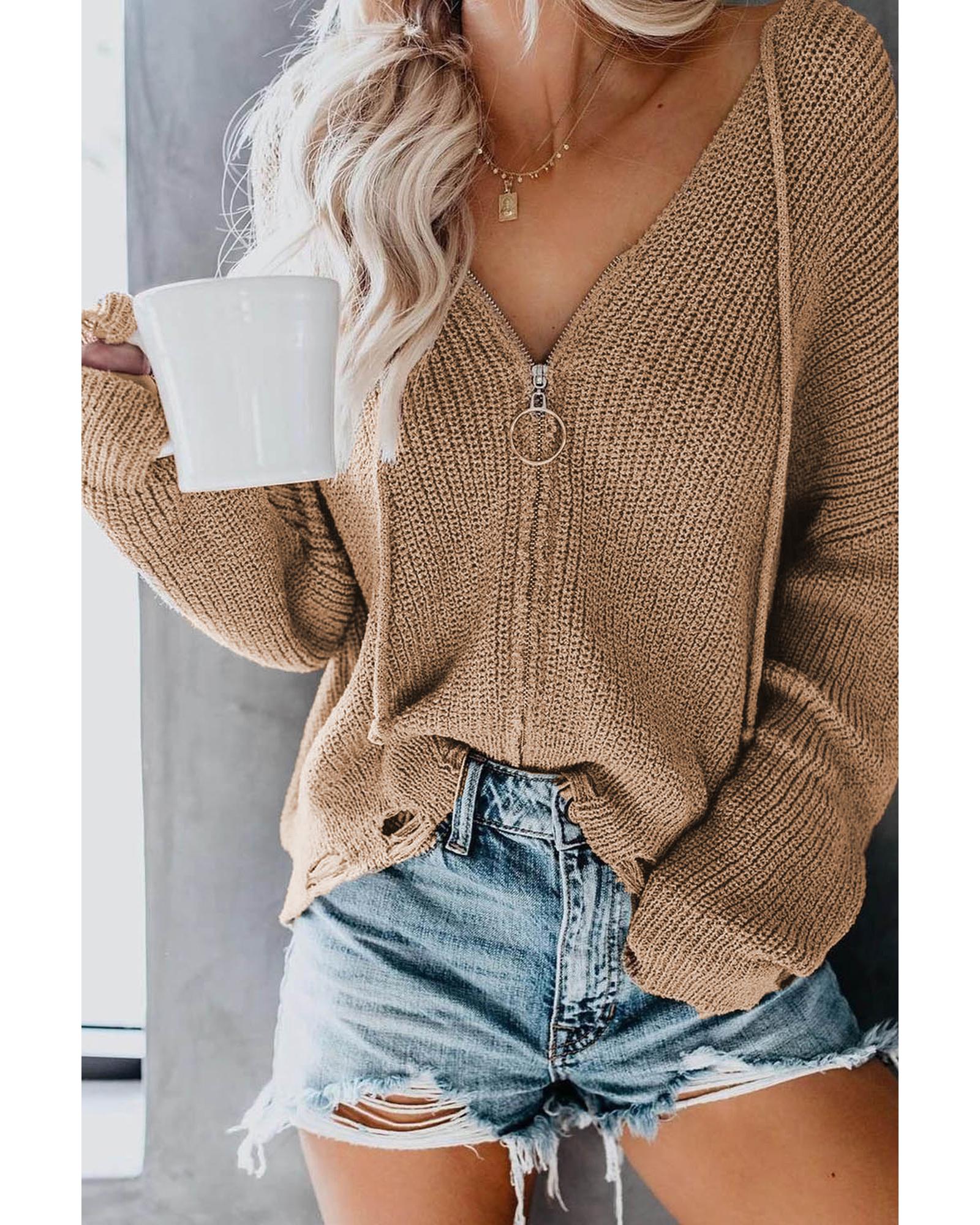Khaki Zipper V-neck Dropped Sleeve Hooded Solid Sweater - M