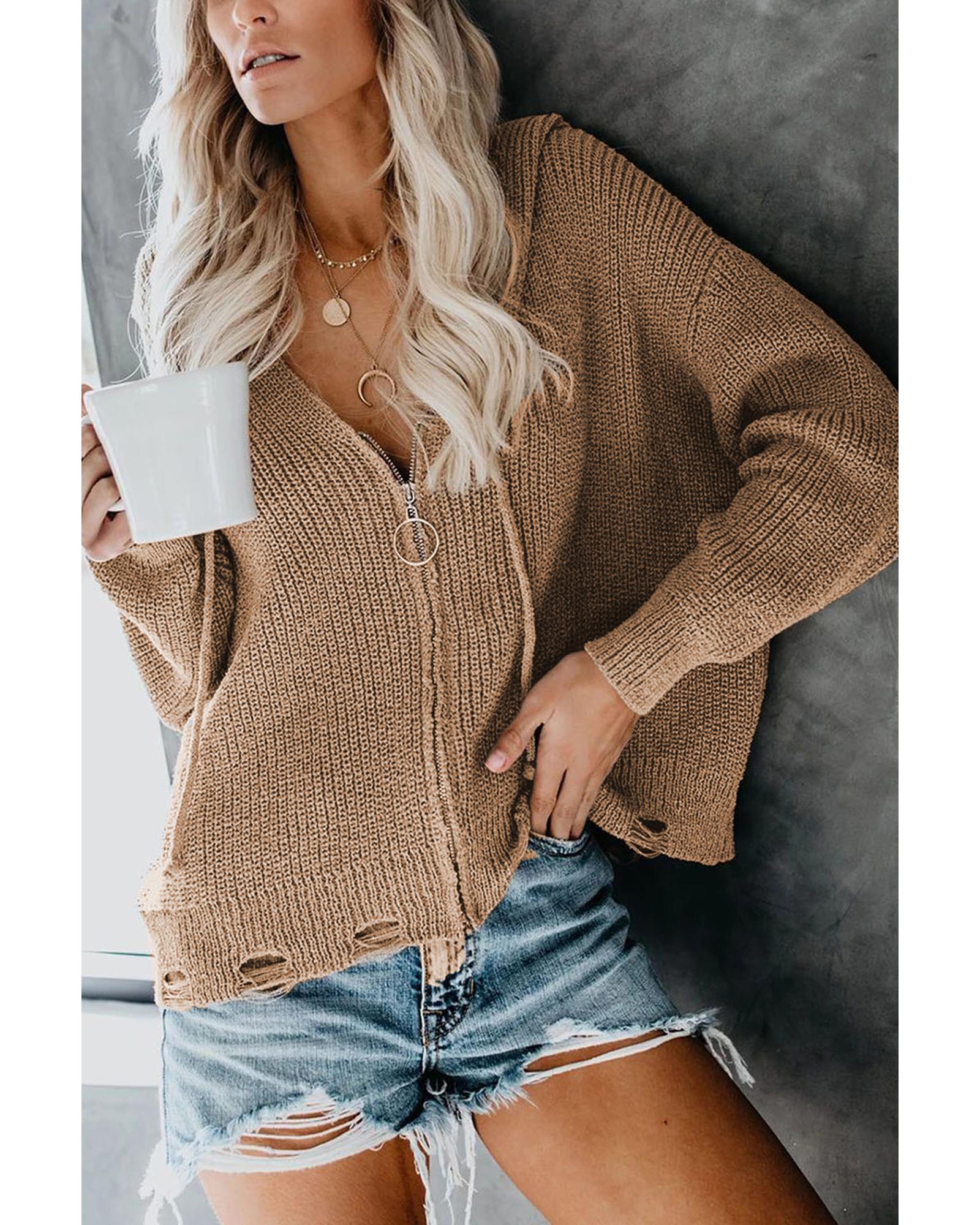 Khaki Zipper V-neck Dropped Sleeve Hooded Solid Sweater - S 8