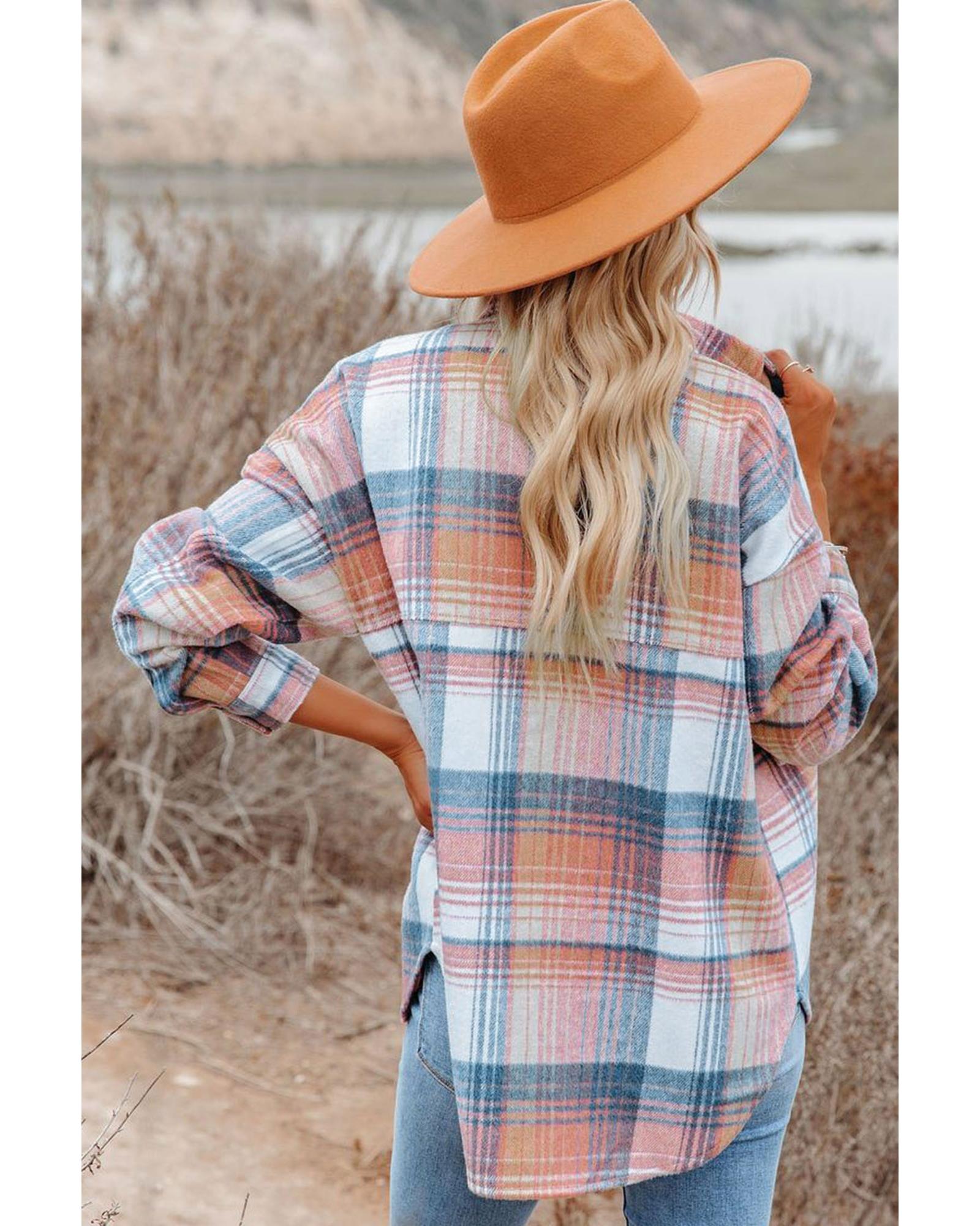 Pink Black/Pink Plaid Flap Pockets Shacket - S 6