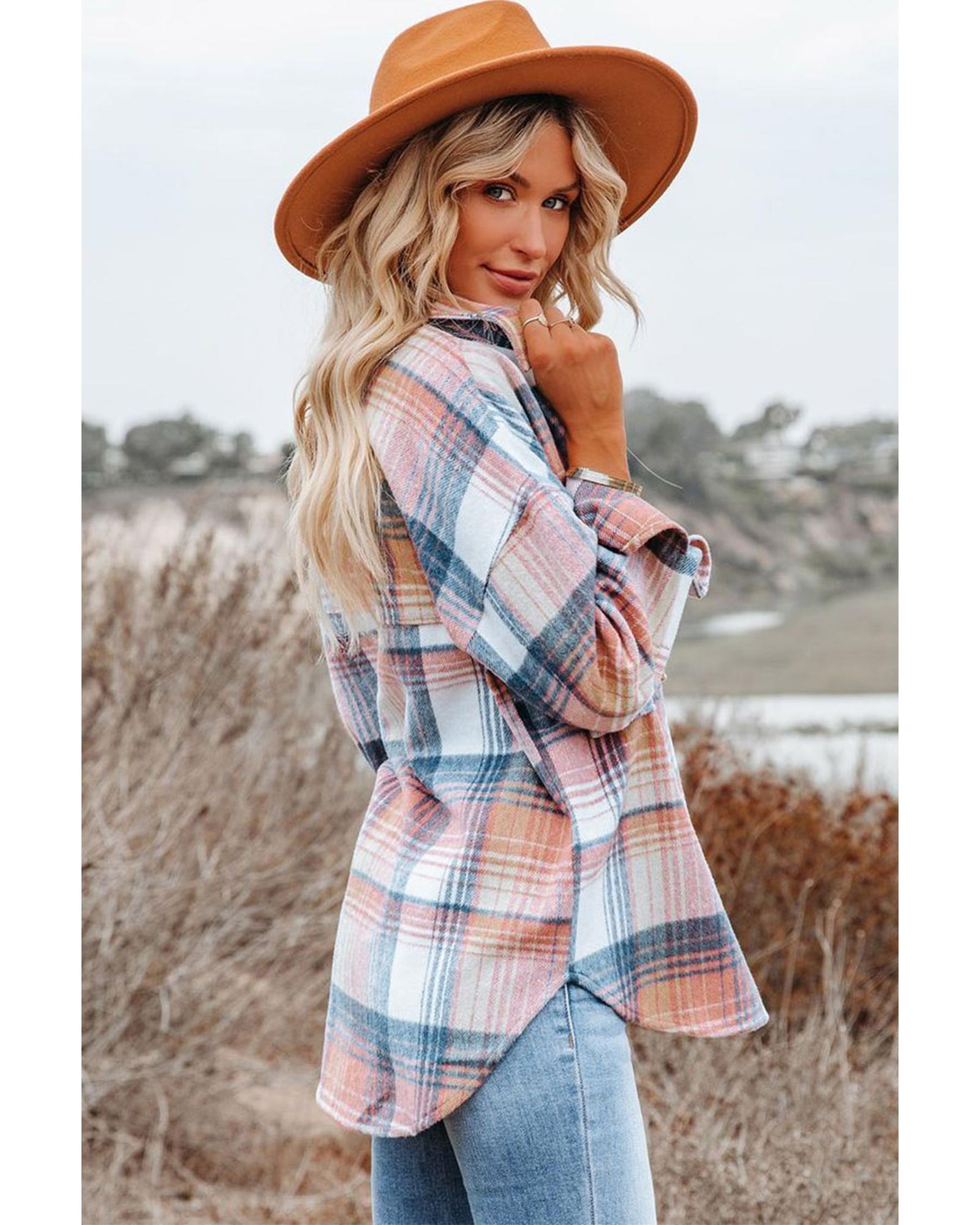 Pink Black/Pink Plaid Flap Pockets Shacket - S 7