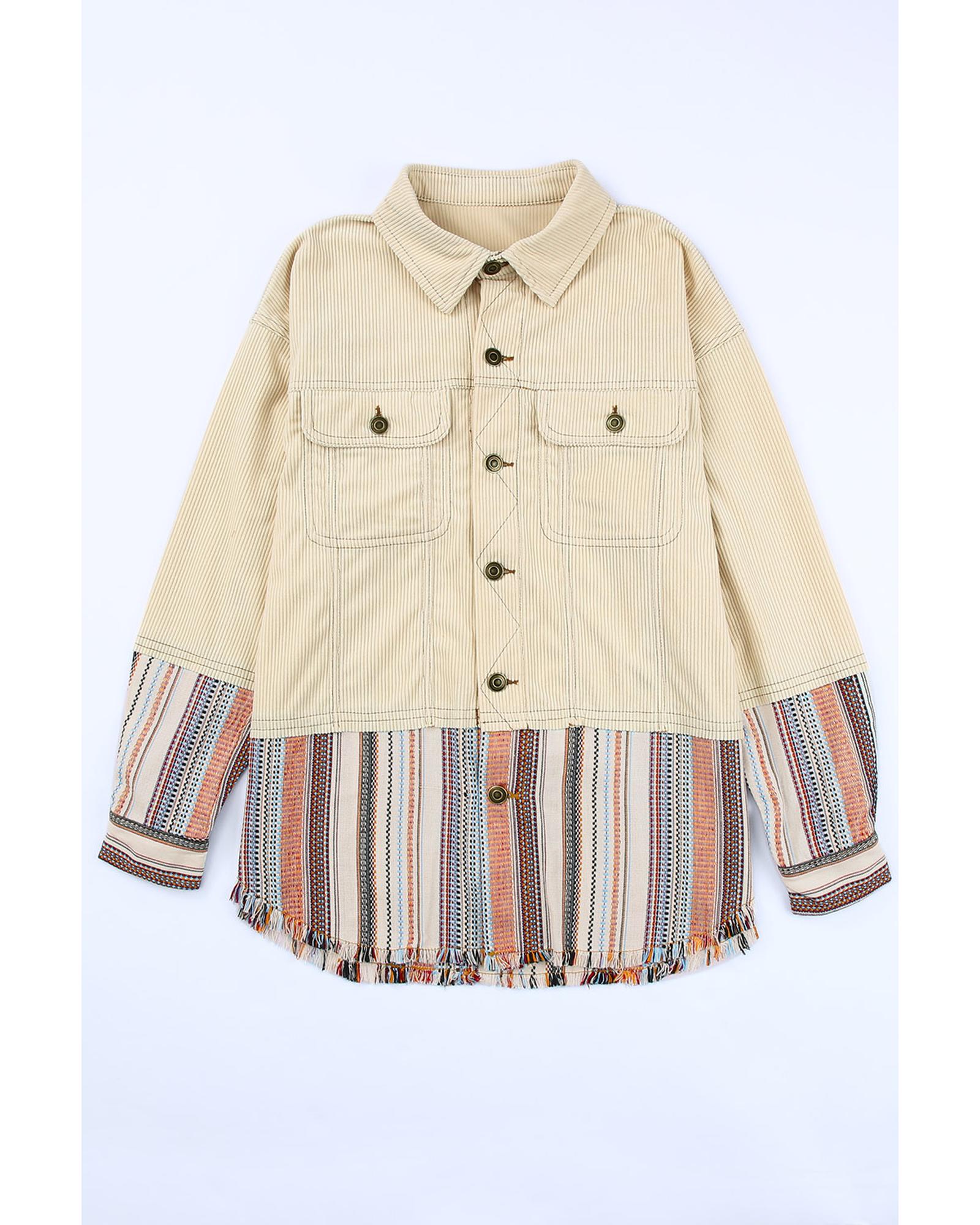 Button Up Pockets Striped Color Block Corduroy Jacket - L