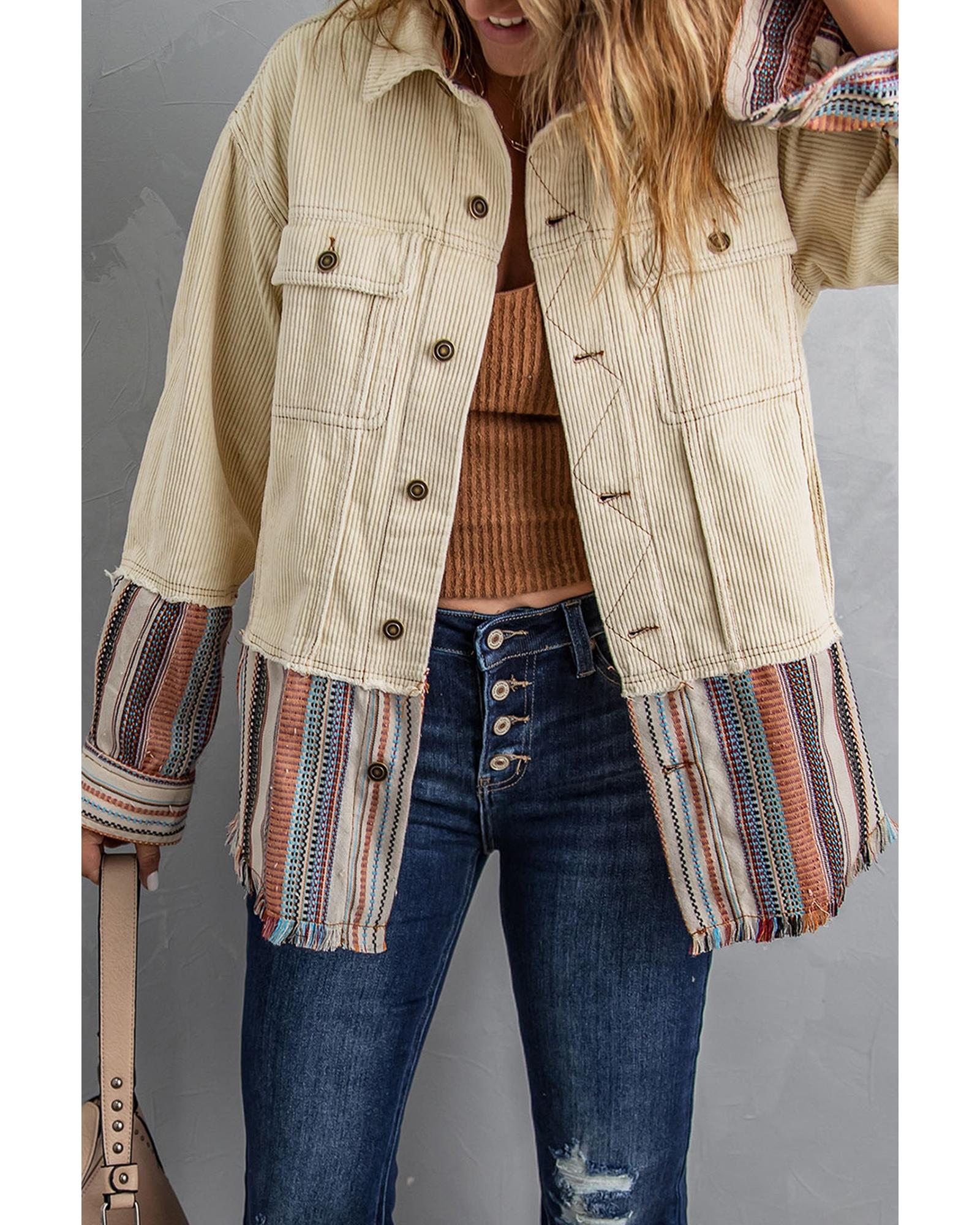 Button Up Pockets Striped Color Block Corduroy Jacket - M 3