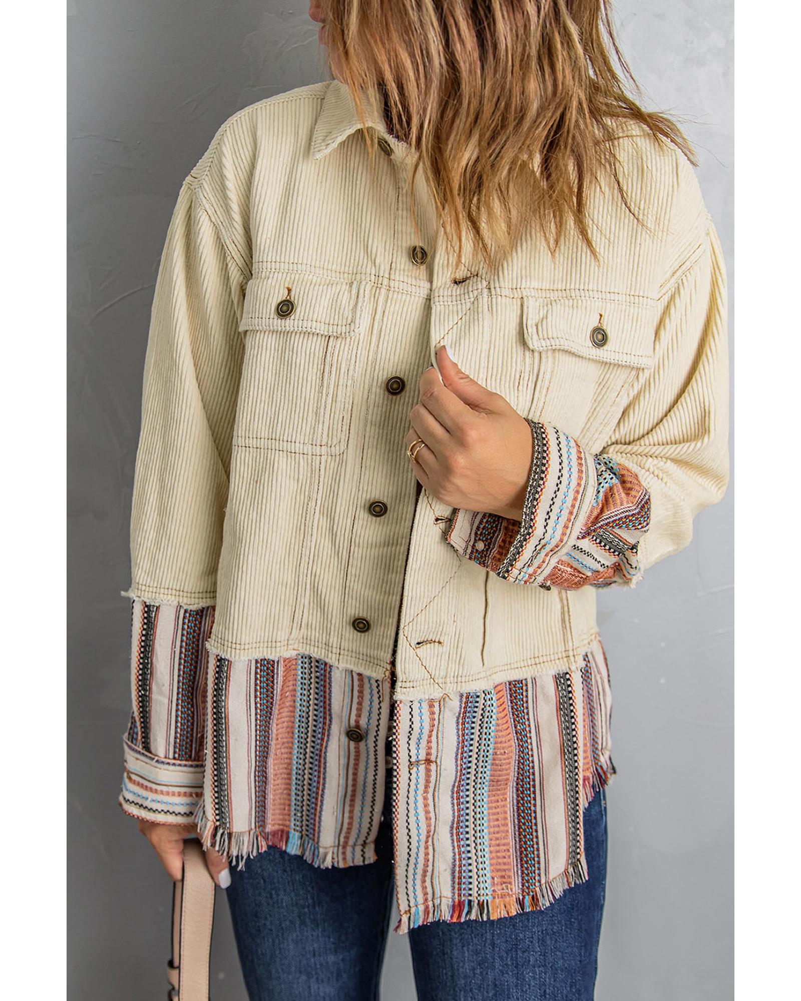 Button Up Pockets Striped Color Block Corduroy Jacket - M 5