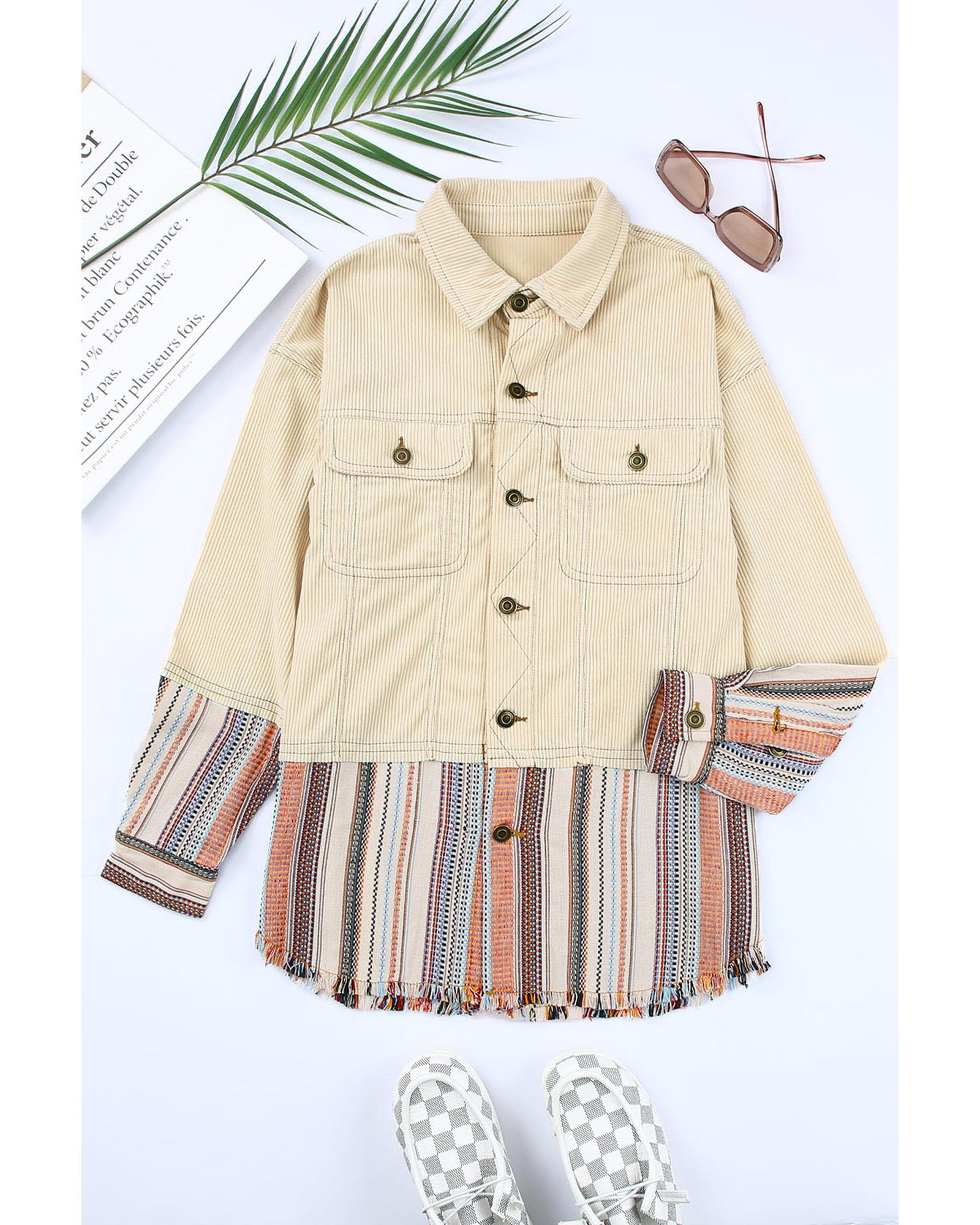 Button Up Pockets Striped Color Block Corduroy Jacket - M 8