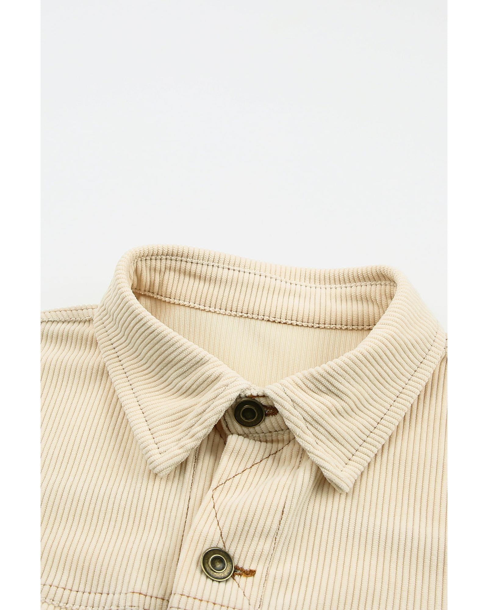 Button Up Pockets Striped Color Block Corduroy Jacket - S 4