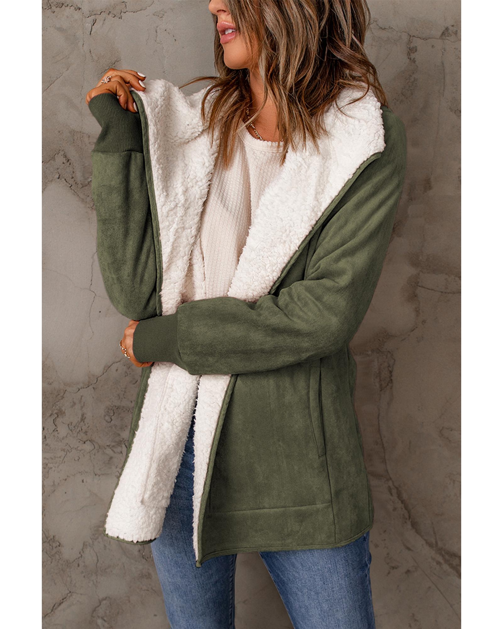 Green Faux Suede Fleece Lined Open Front Jacket - M 3