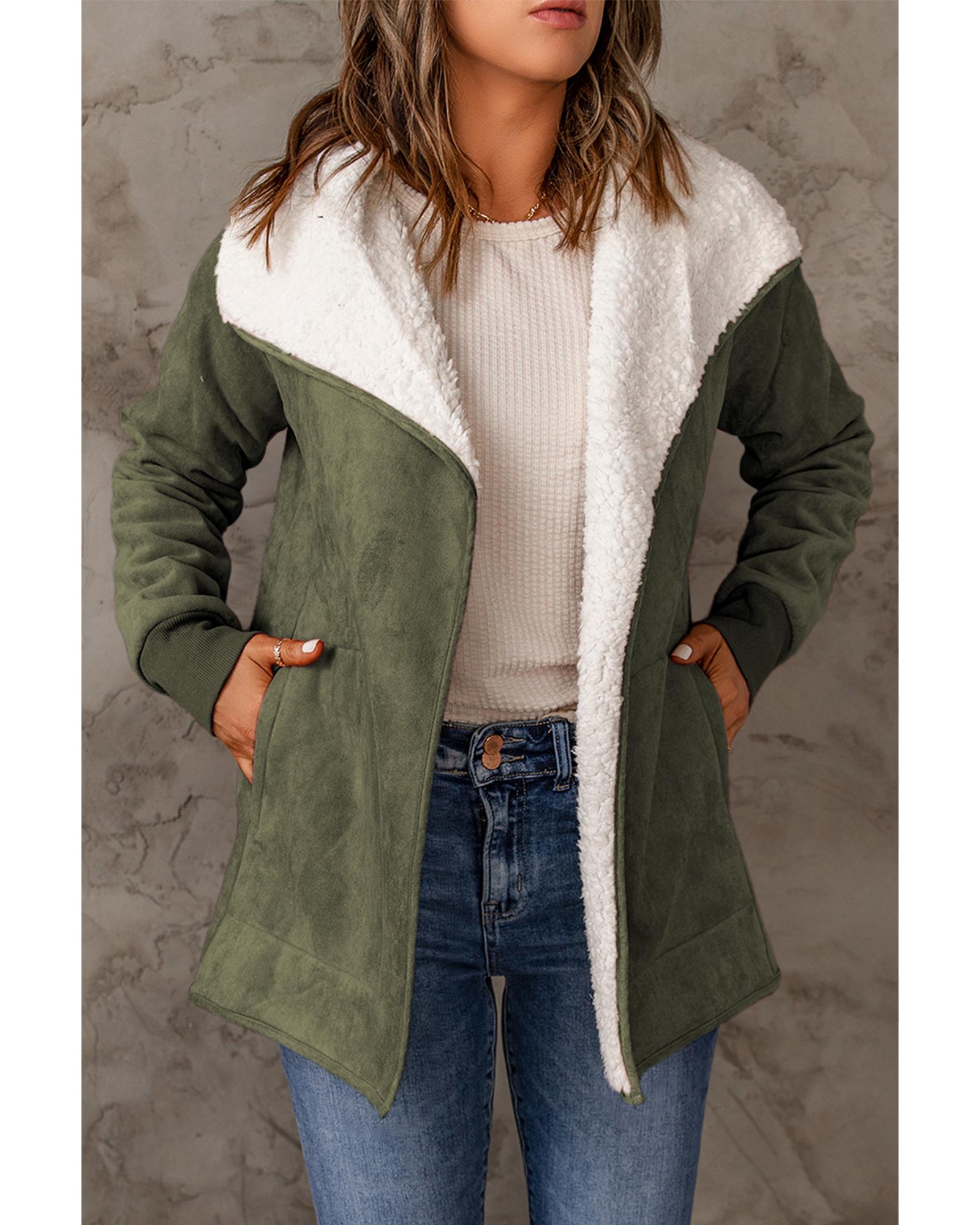 Green Faux Suede Fleece Lined Open Front Jacket - M 4
