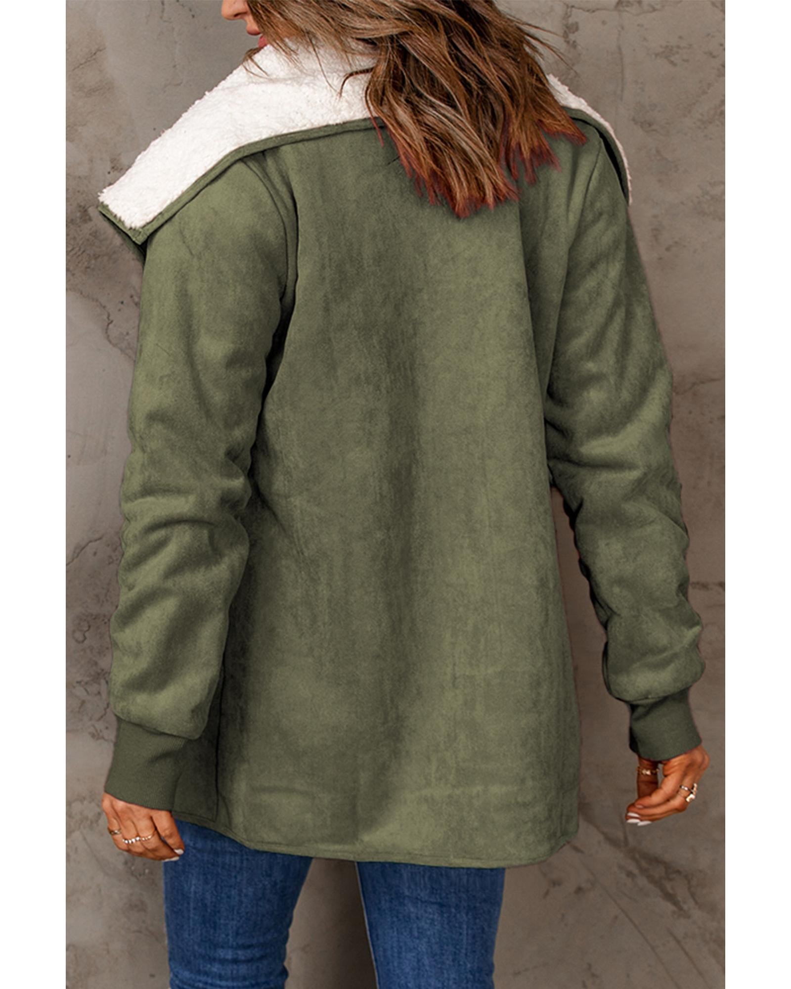 Green Faux Suede Fleece Lined Open Front Jacket - M 5