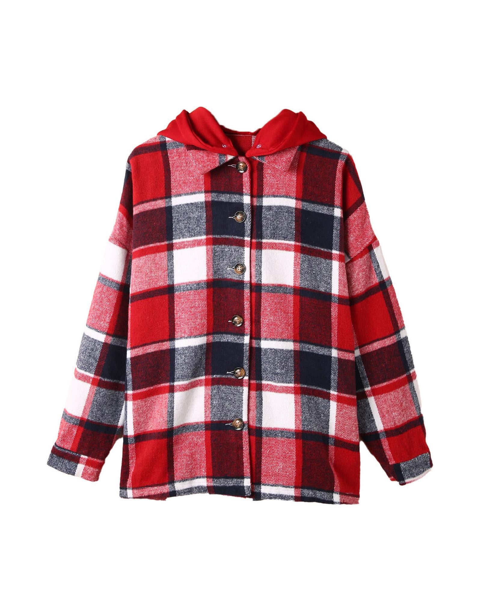 Azura Exchange Red Hooded Plaid Button Front Shacket - 2XL 4