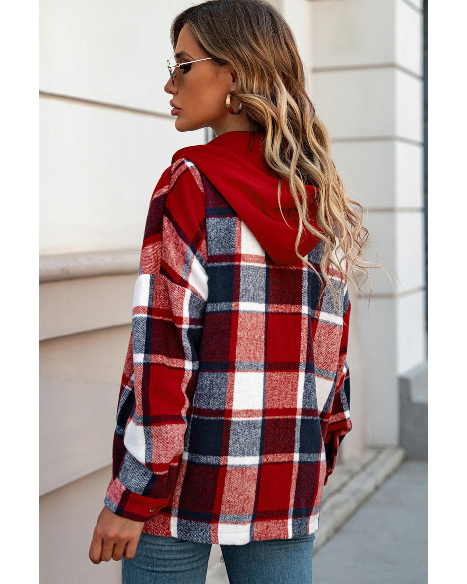 Azura Exchange Red Hooded Plaid Button Front Shacket - 2XL 6