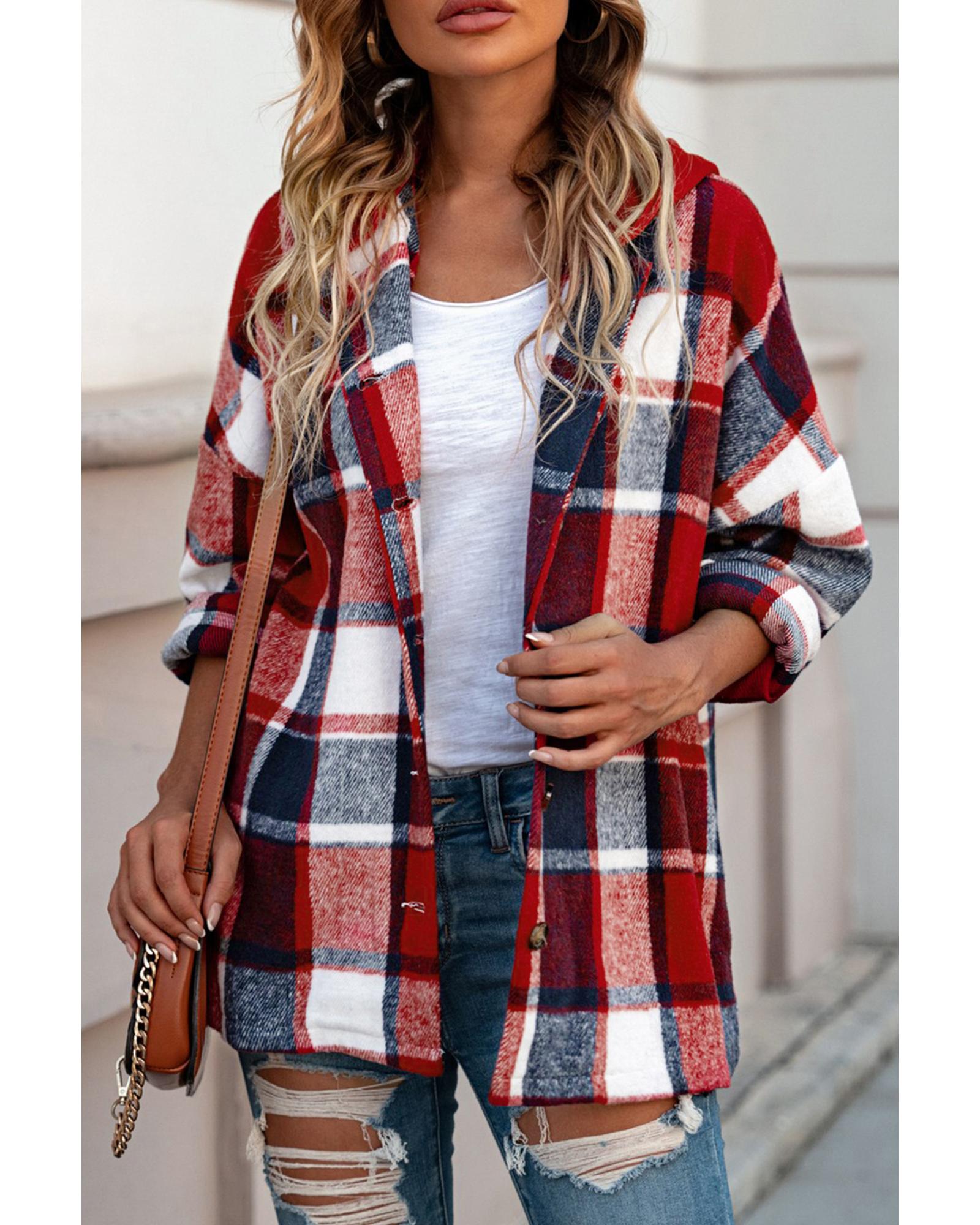 Azura Exchange Red Hooded Plaid Button Front Shacket - S 7