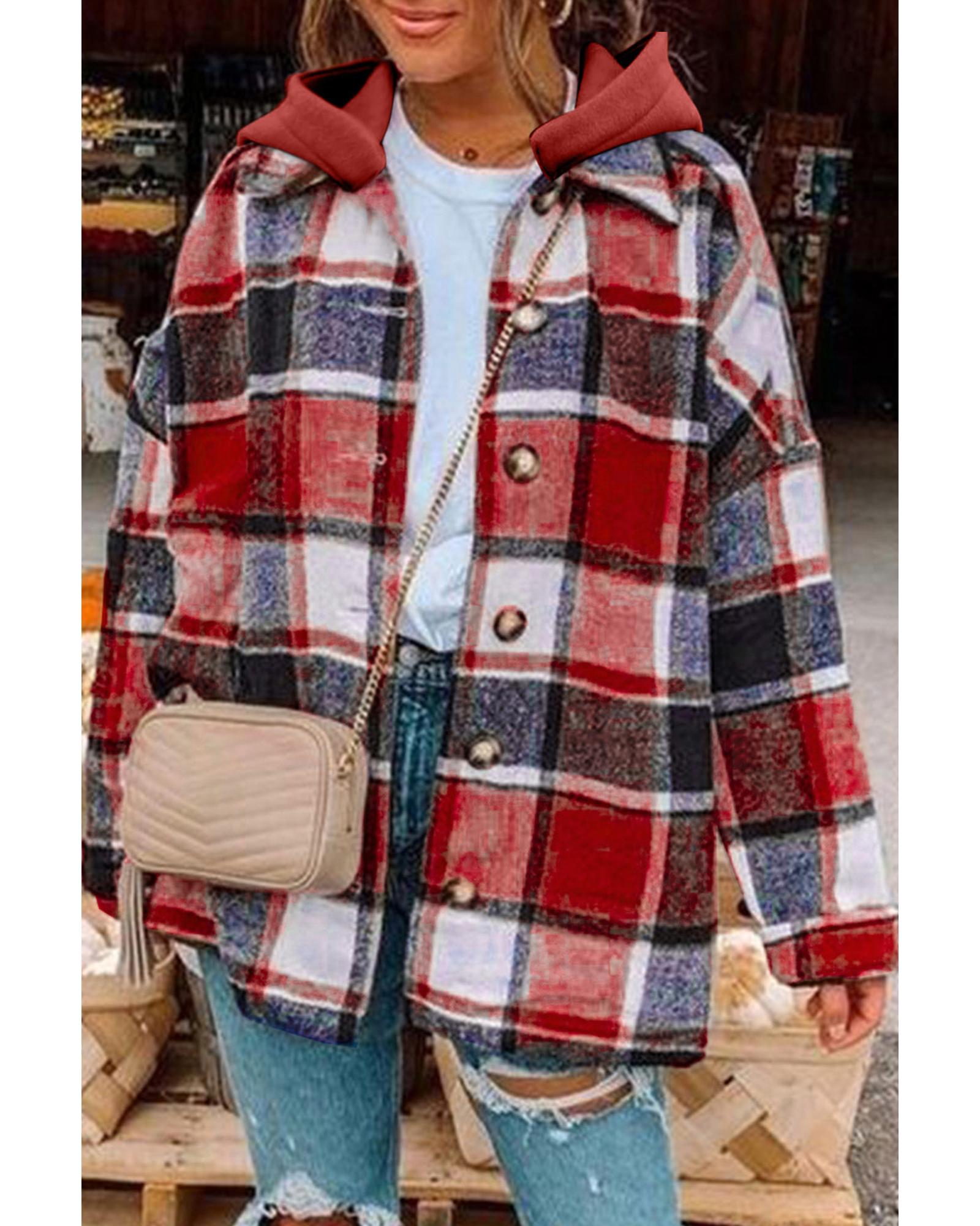 Azura Exchange Red Hooded Plaid Button Front Shacket - XL 7
