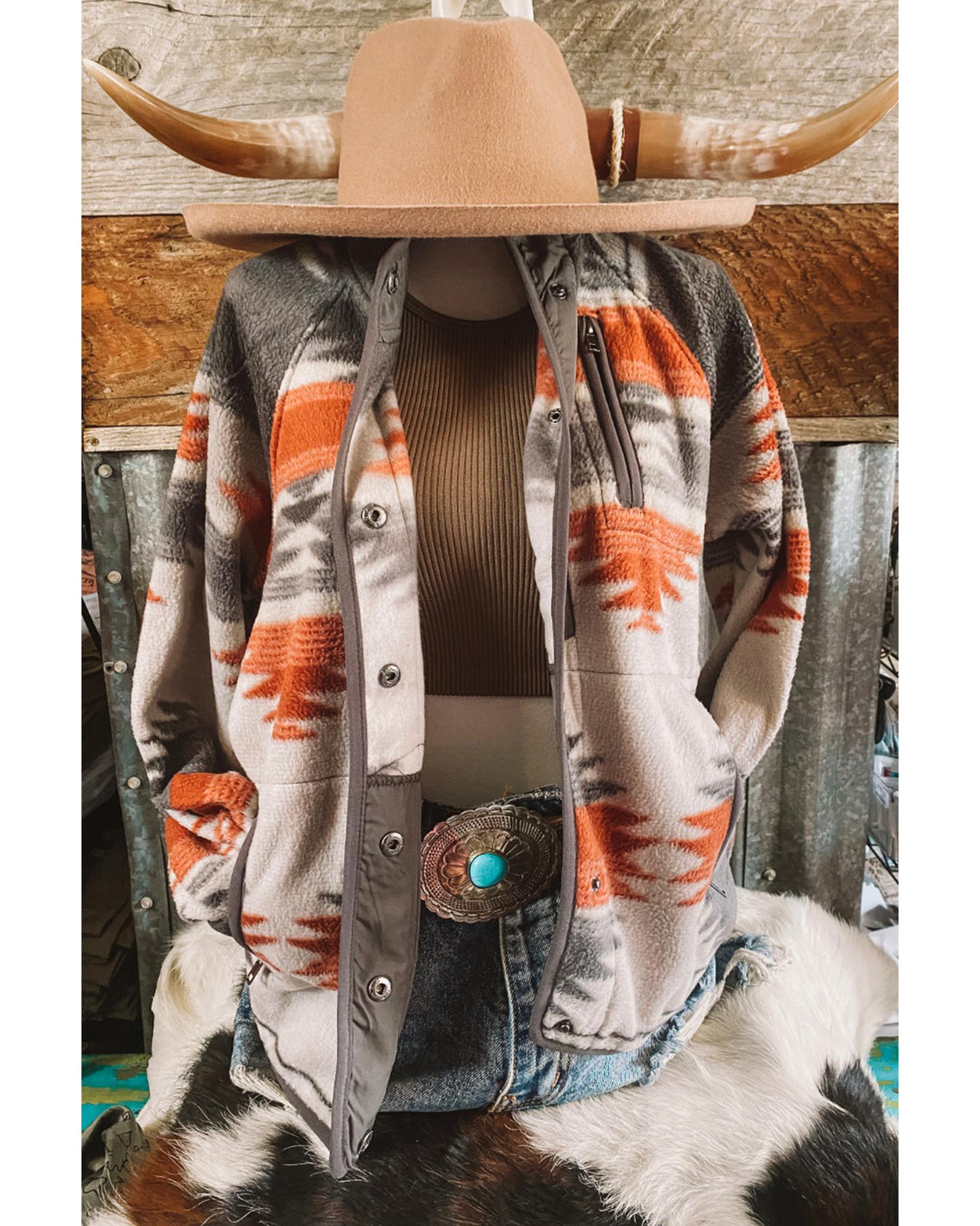 Gray Western Aztec Snap Buttoned Fleece Jacket - 2XL