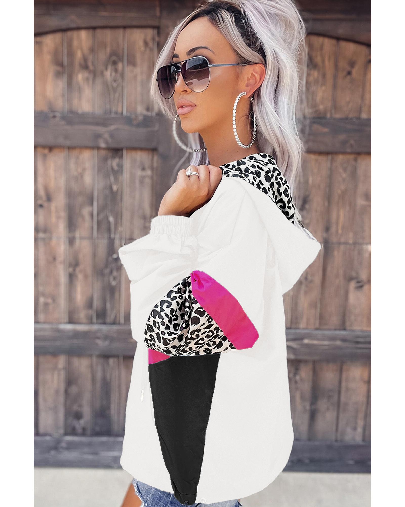 White Leopard Color Block Pockets Zip-up Hooded Jacket - L 3