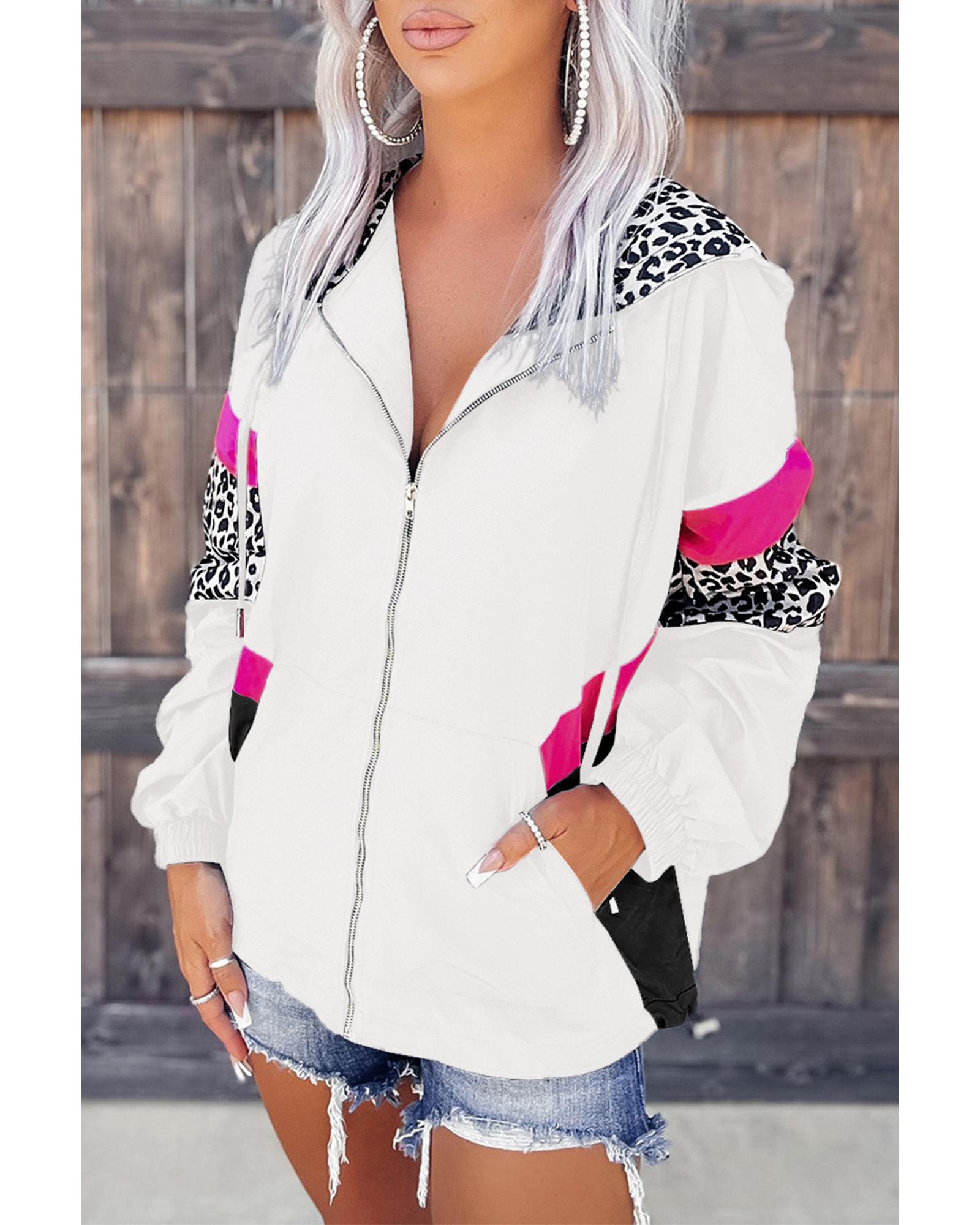 White Leopard Color Block Pockets Zip-up Hooded Jacket - L 4