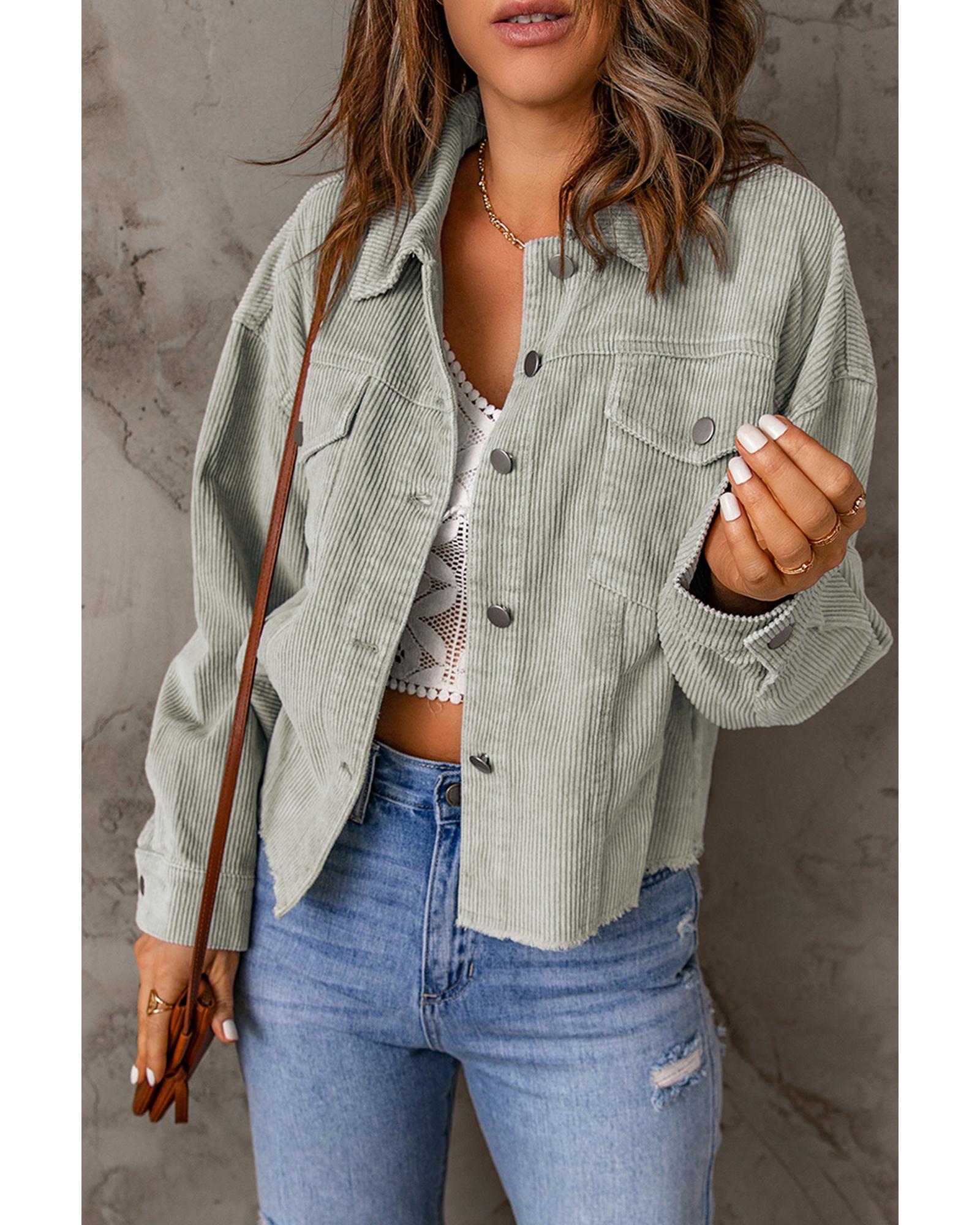 Sky Blue Raw Hem Flap Pockets Cropped Corduroy Jacket - L