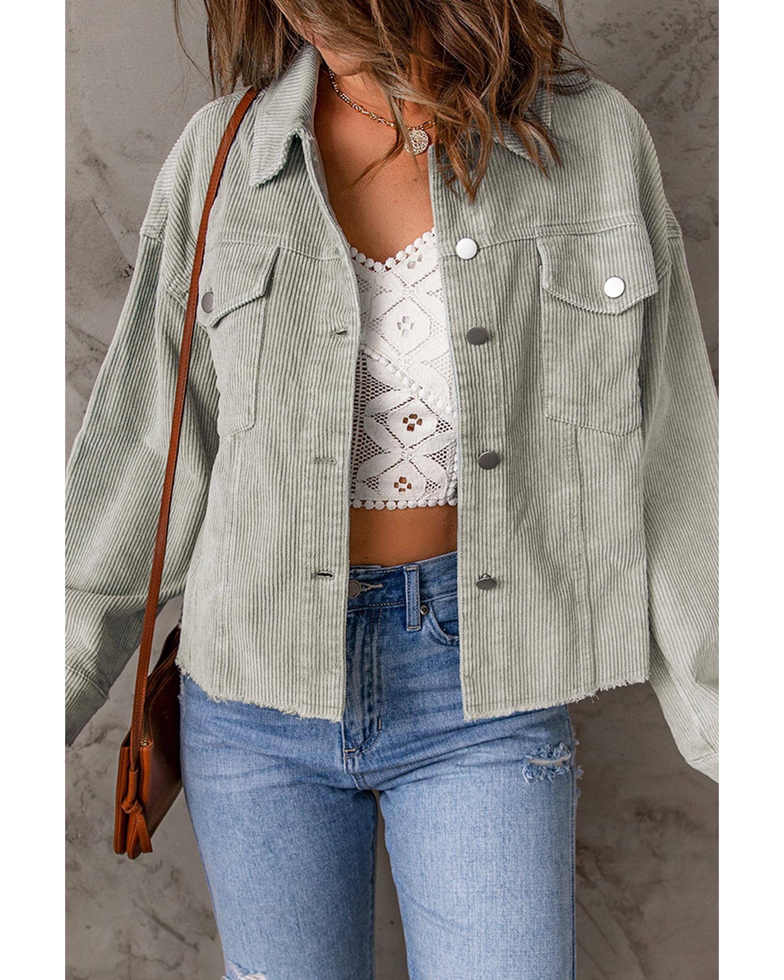 Sky Blue Raw Hem Flap Pockets Cropped Corduroy Jacket - M