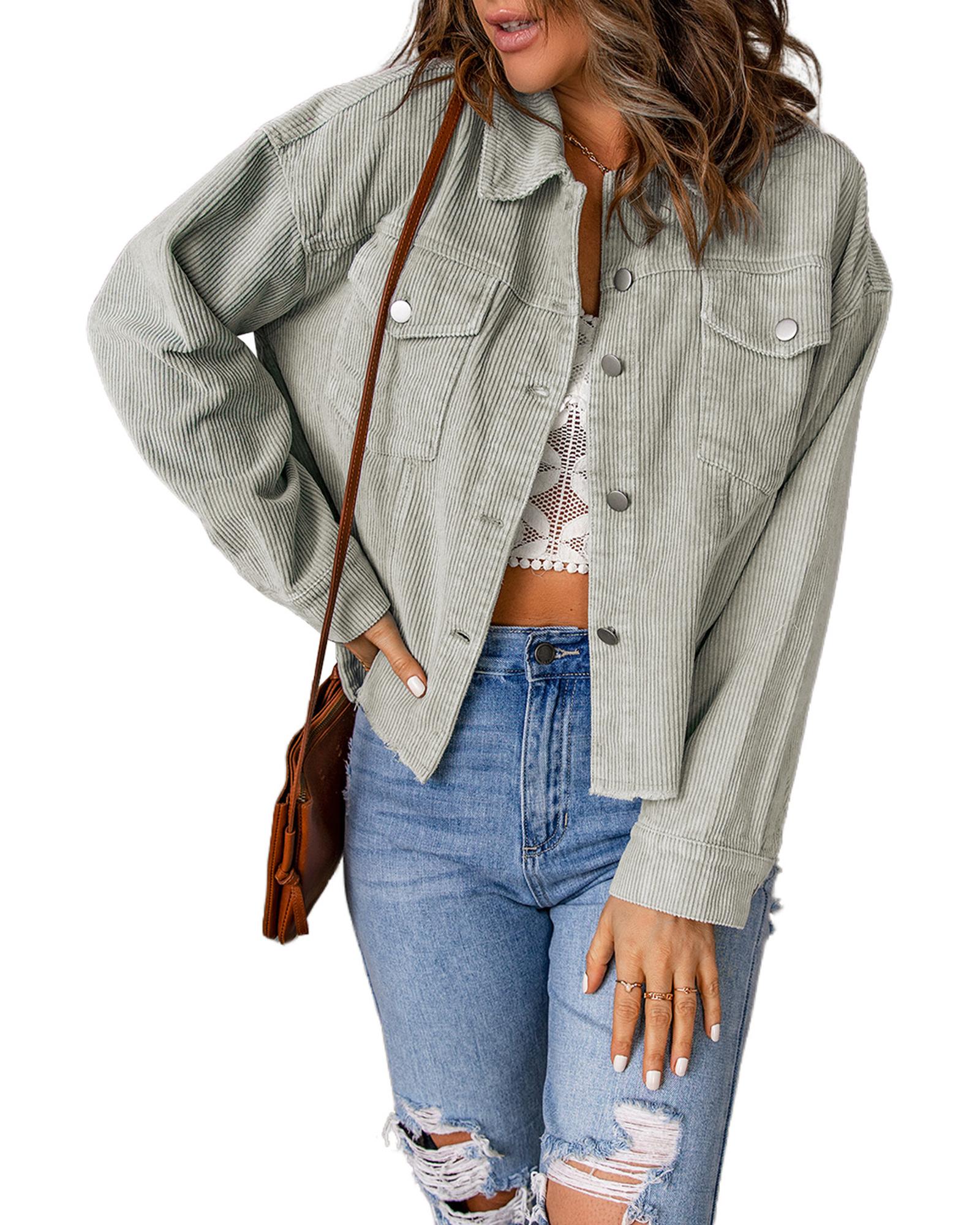 Sky Blue Raw Hem Flap Pockets Cropped Corduroy Jacket - M 3