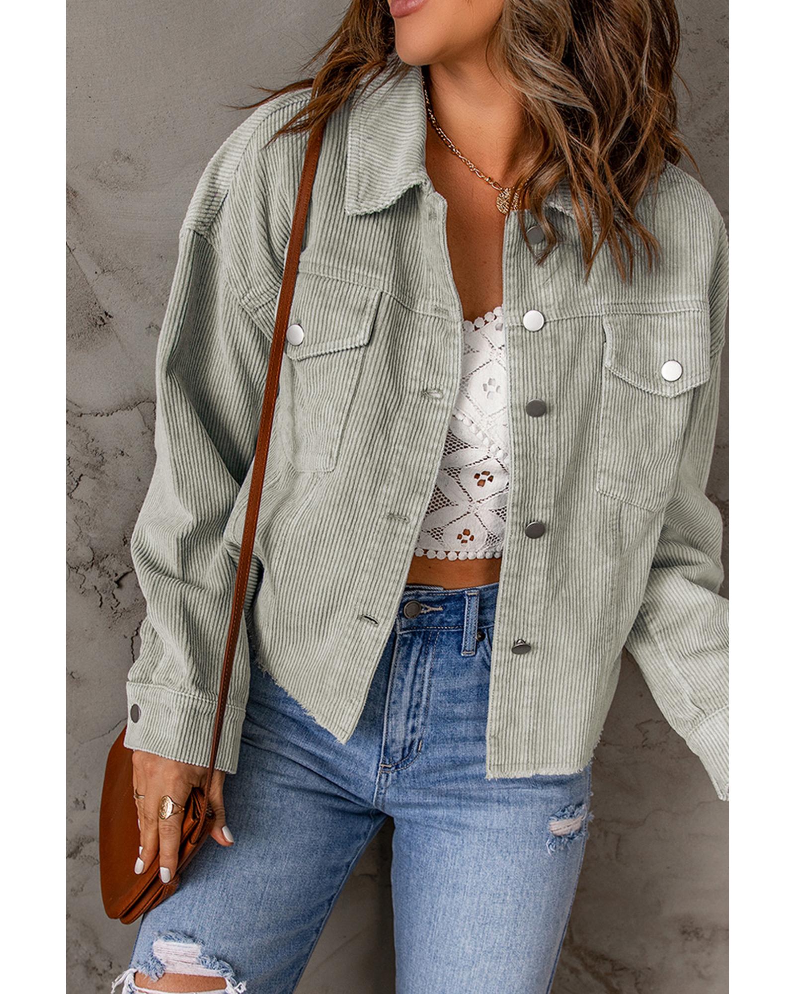 Sky Blue Raw Hem Flap Pockets Cropped Corduroy Jacket - M 5