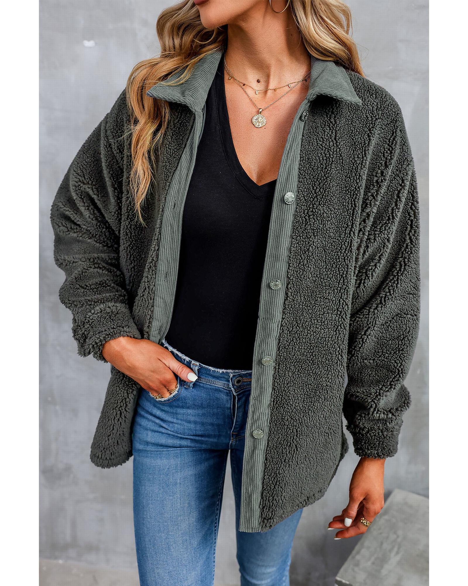 Gray Corduroy Trim Elbow Patch Sherpa Jacket - 2XL