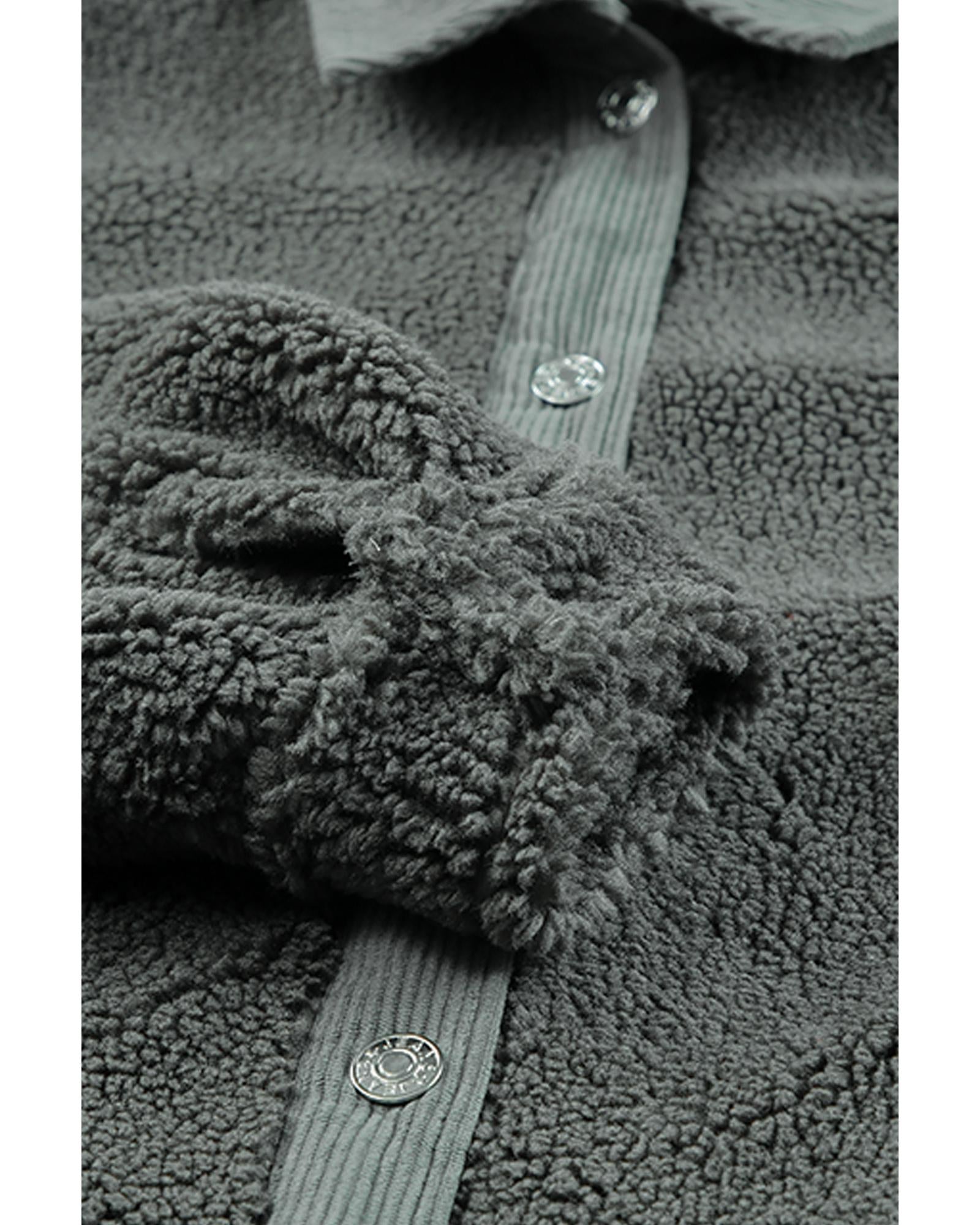 Gray Corduroy Trim Elbow Patch Sherpa Jacket - 2XL