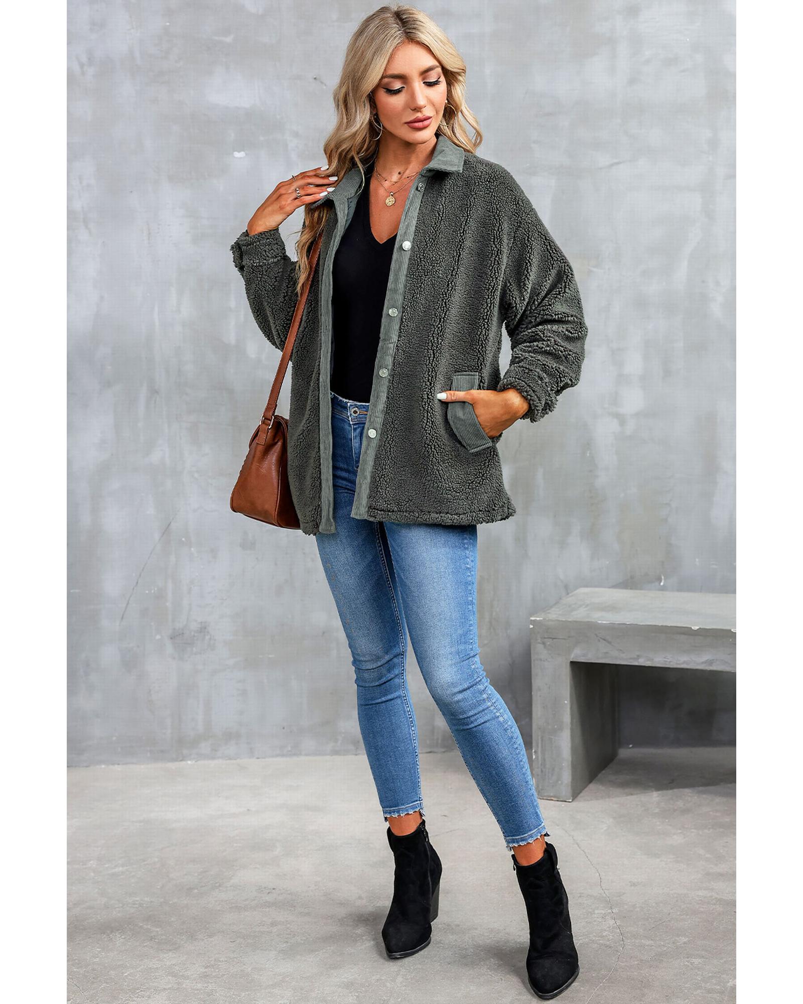 Gray Corduroy Trim Elbow Patch Sherpa Jacket - 2XL 5