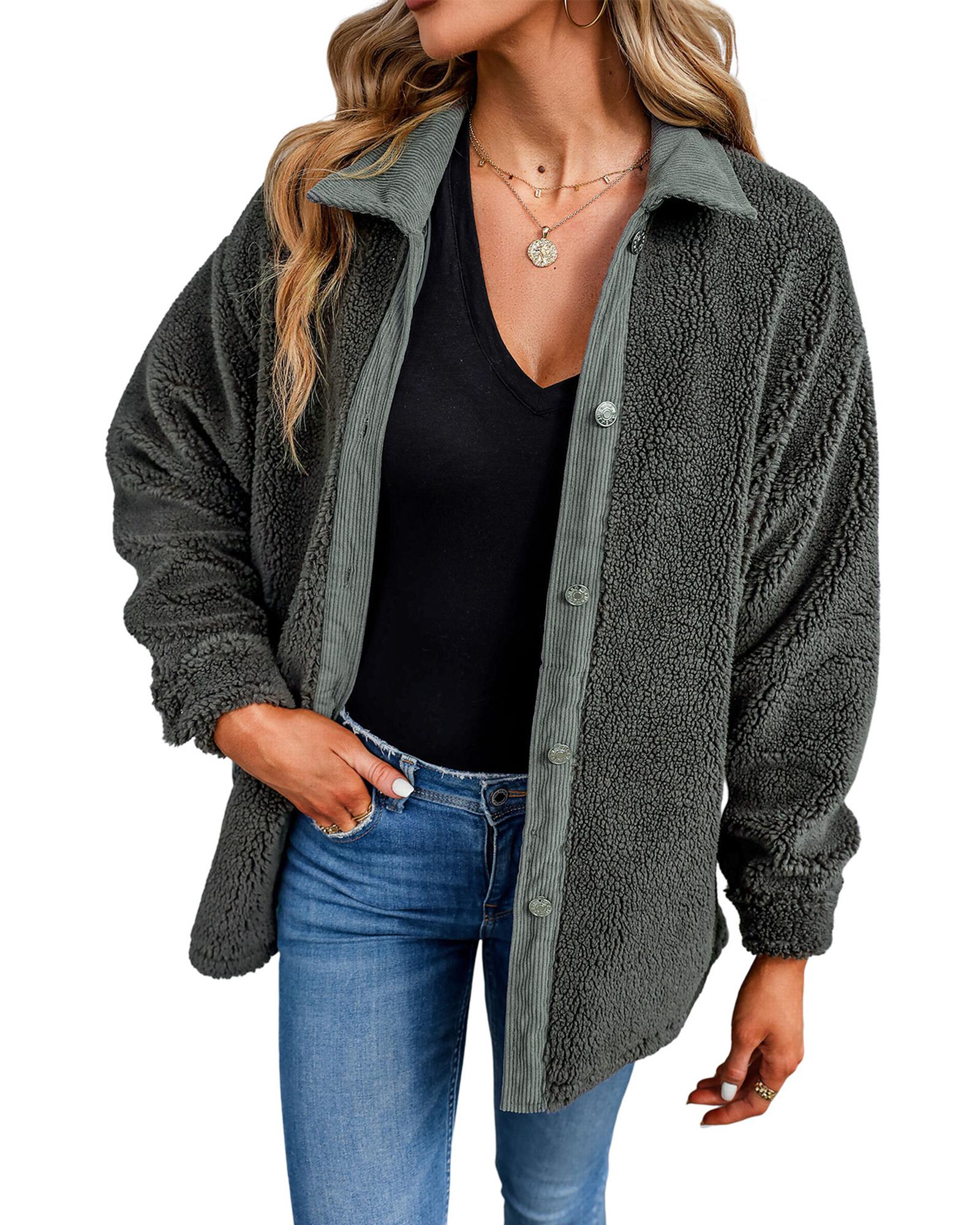 Gray Corduroy Trim Elbow Patch Sherpa Jacket - M 3