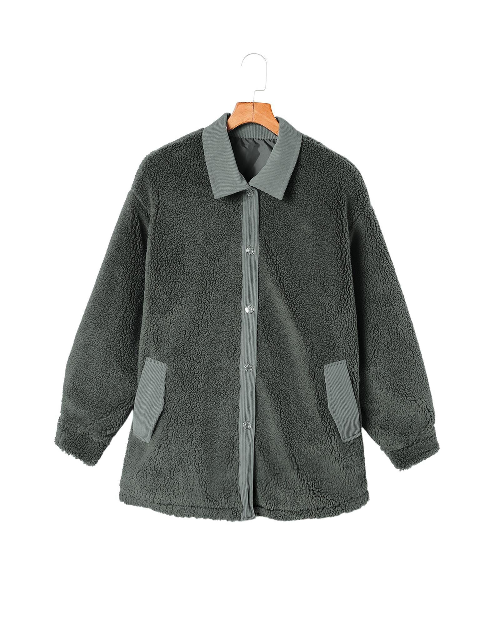 Gray Corduroy Trim Elbow Patch Sherpa Jacket - S 6